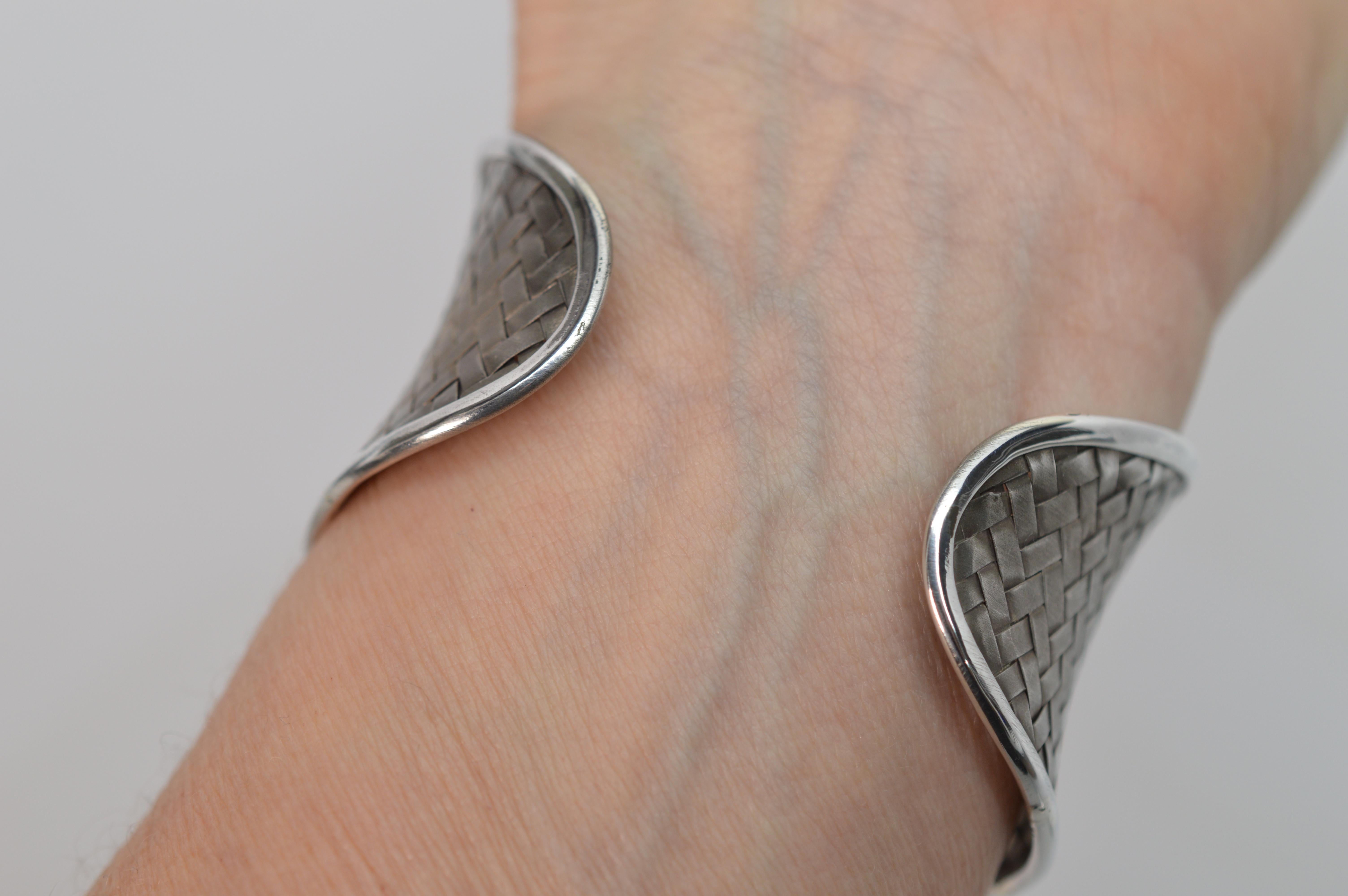 Satin Silver Basket Weave Cuff Bracelet For Sale 1