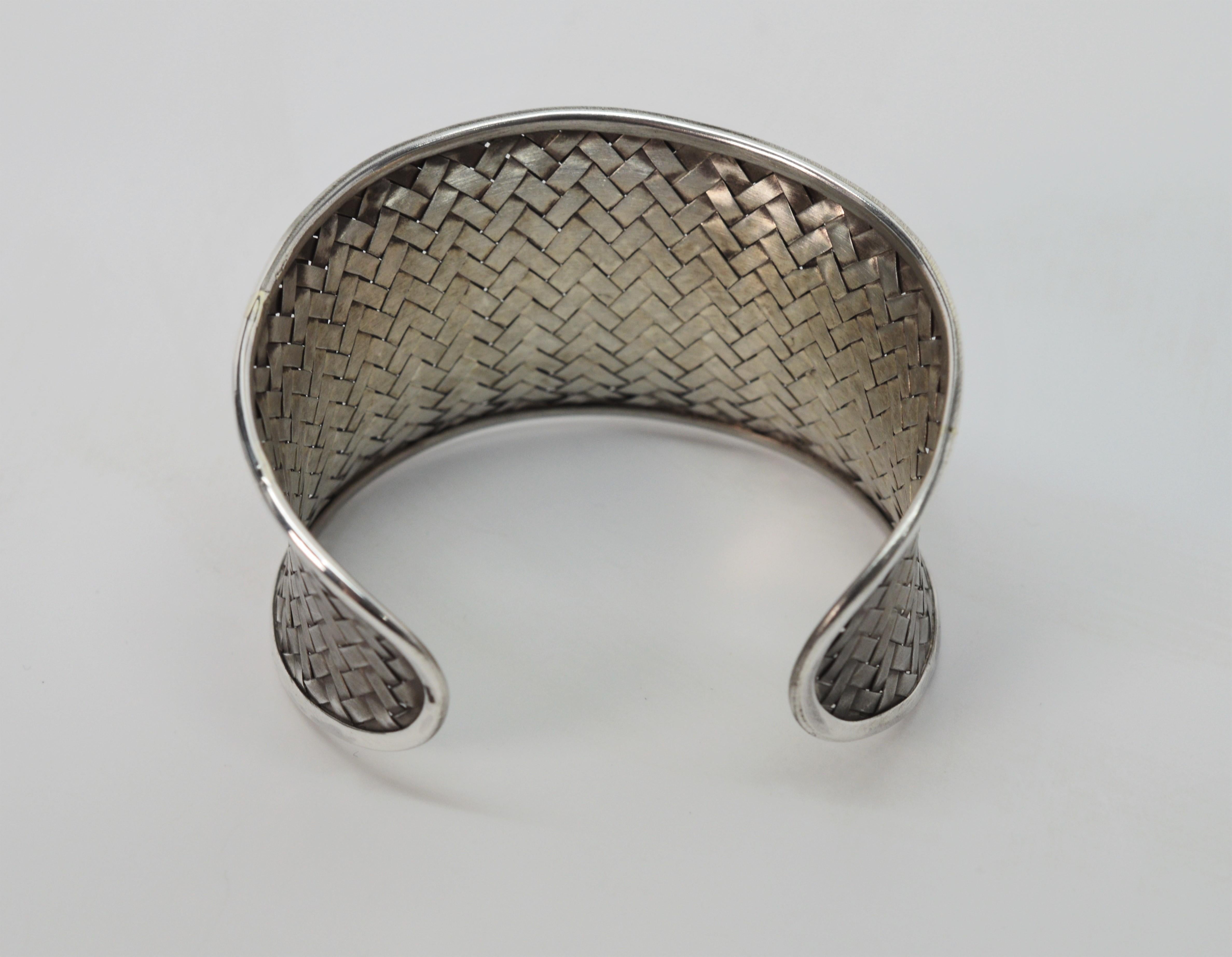 Satin Silver Basket Weave Cuff Bracelet For Sale 3