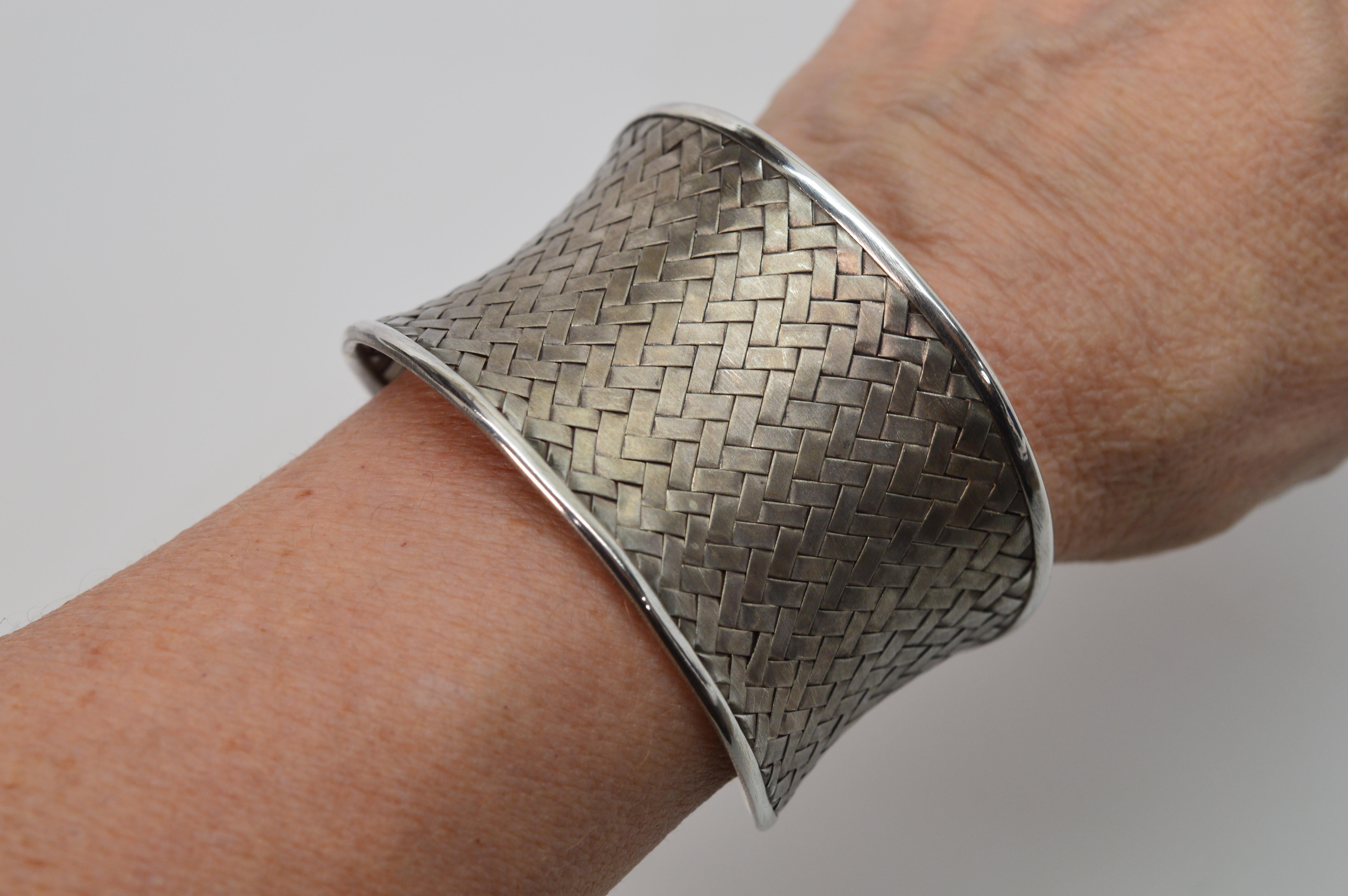 Satin Silver Basket Weave Cuff Bracelet For Sale 4