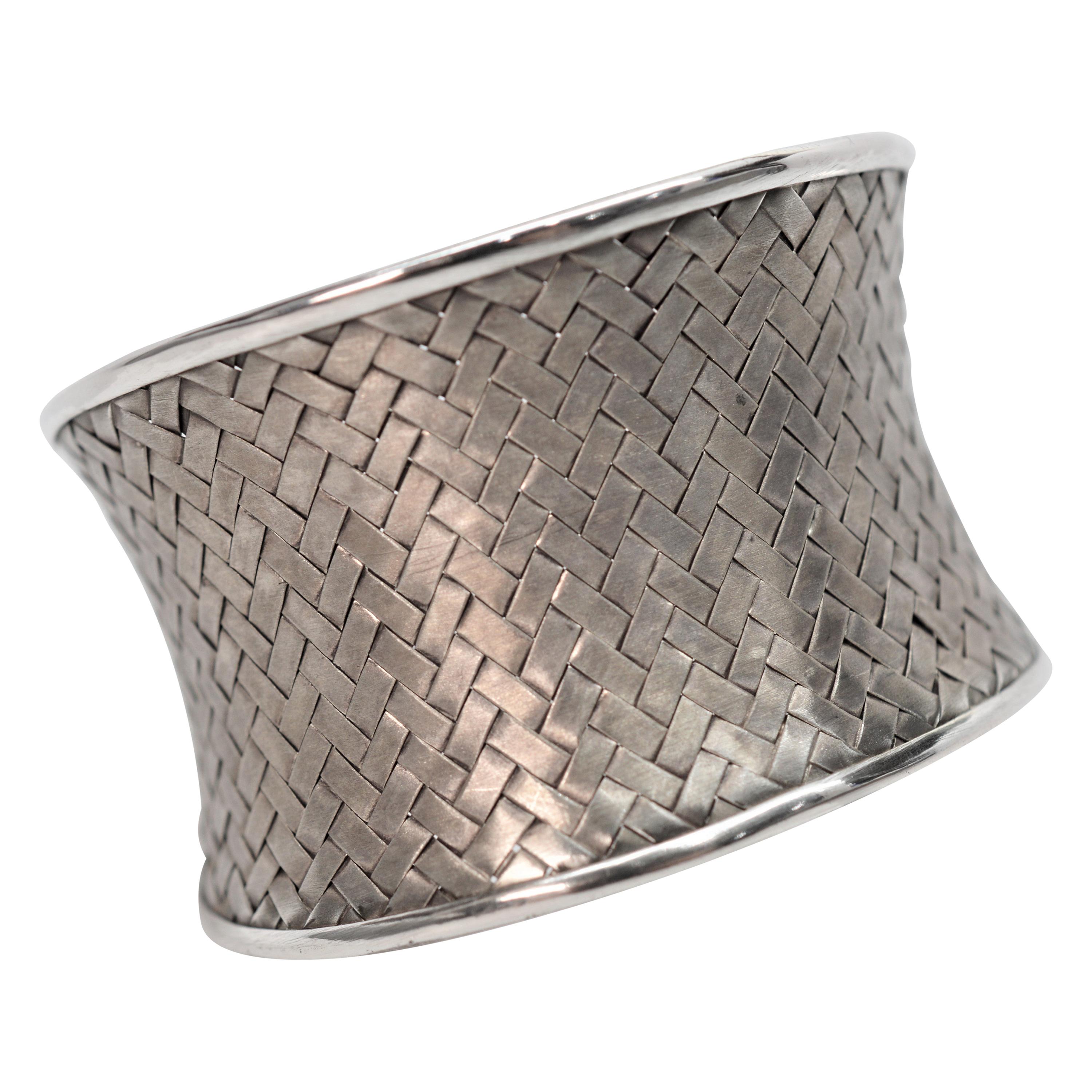 Satin Silver Basket Weave Cuff Bracelet For Sale