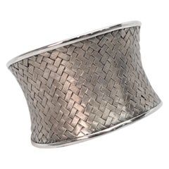 Satin Silver Basket Weave Cuff Bracelet