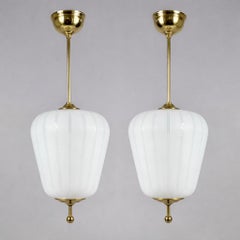 Satin Striped Glass & Brass Pendants, Sweden 1940s 1950s