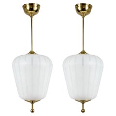 Satin Striped Glass & Brass Pendants, Sweden 1940s 1950s