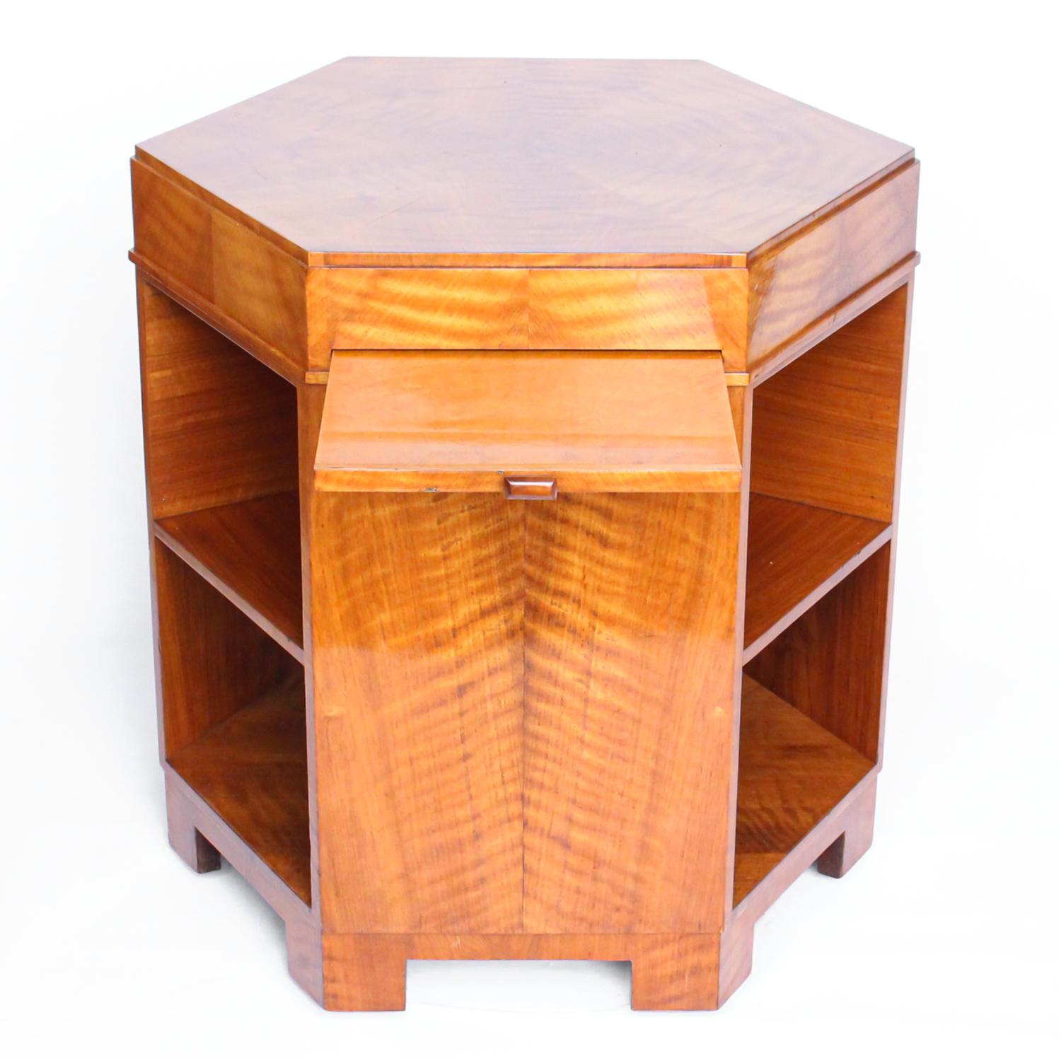 Walnut Art Deco Hexagonal Libary Table att. to Heal's of London