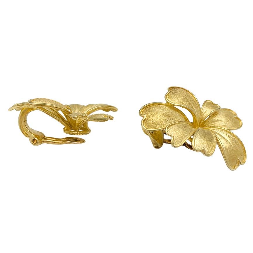 Women's Satin Yellow Gold Flower Earrings