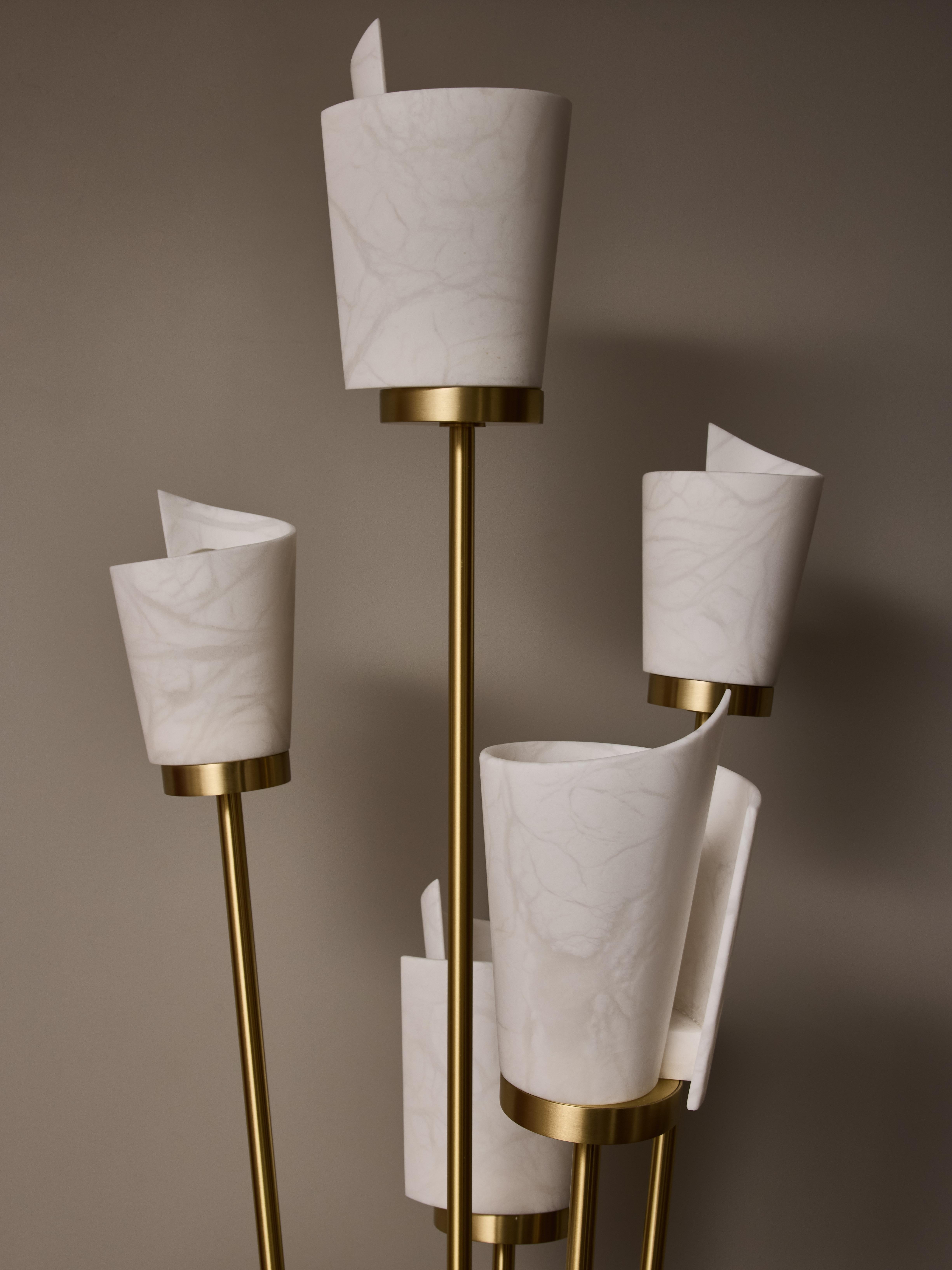 Italian Satinated Brass and Alabaster Spiral Shades Six Arms of Light Floor Lamp For Sale