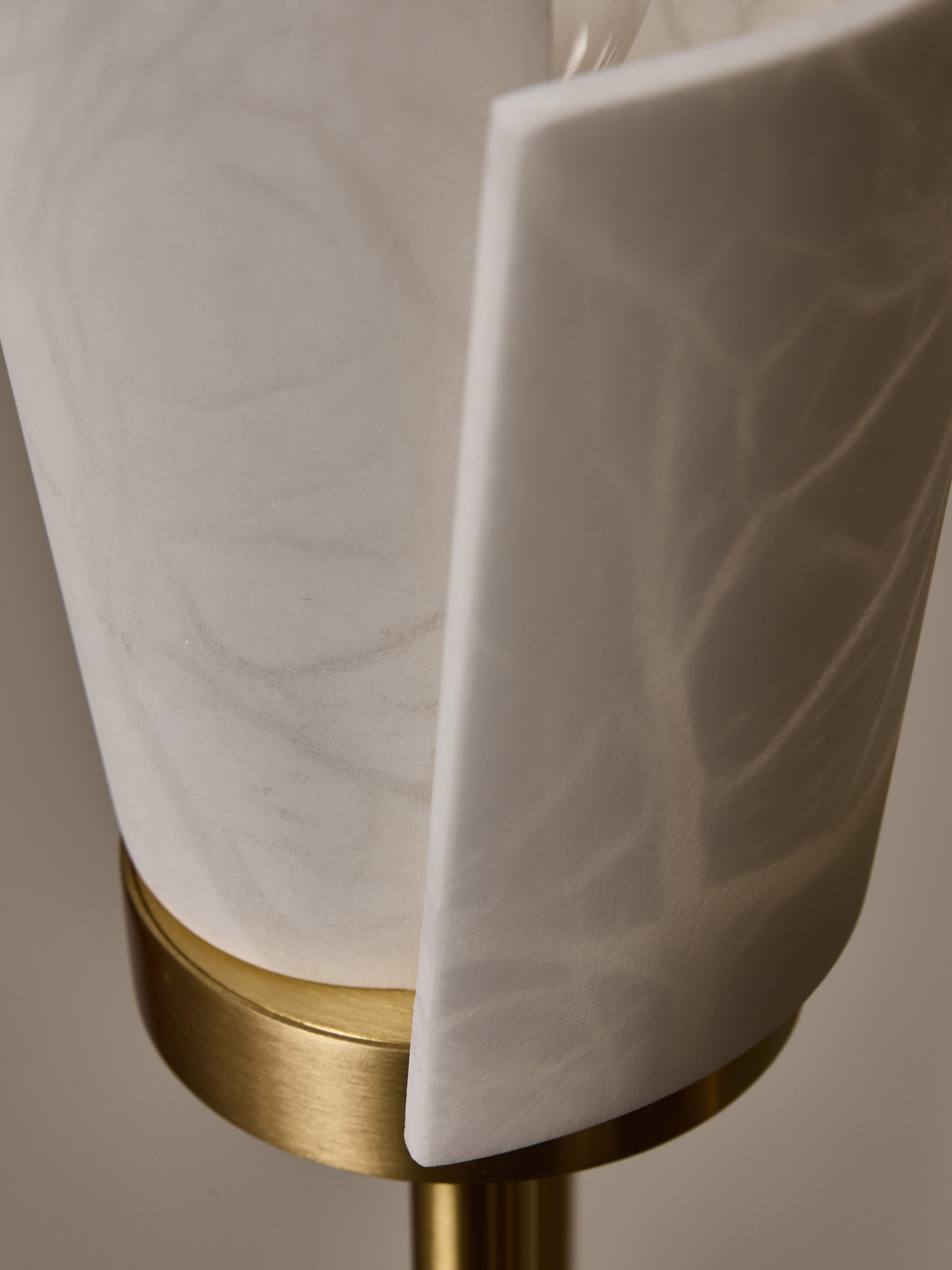 Contemporary Satinated Brass and Alabaster Spiral Shades Six Arms of Light Floor Lamp For Sale