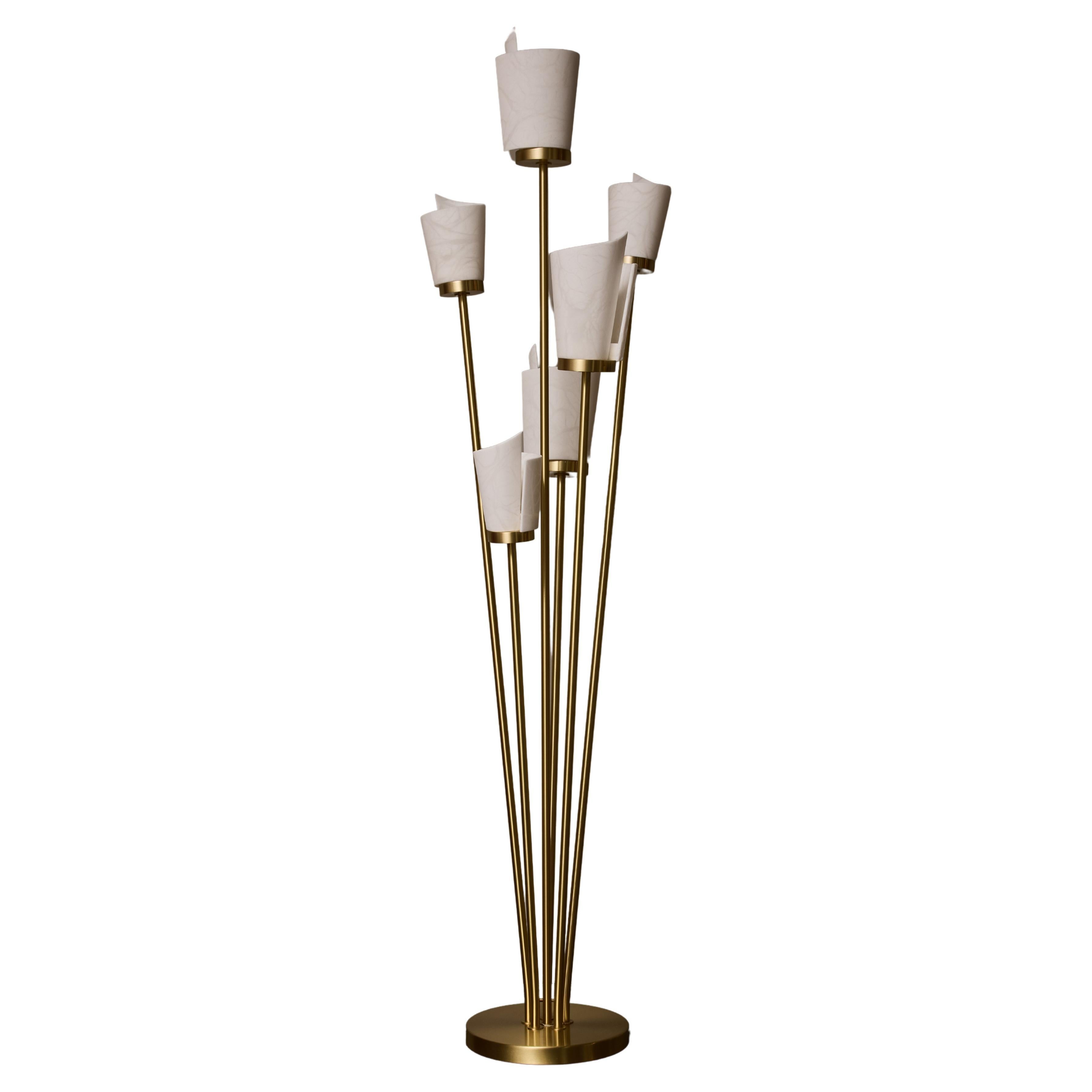 Satinated Brass and Alabaster Spiral Shades Six Arms of Light Floor Lamp For Sale