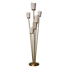Satinated Brass and Alabaster Spiral Shades Six Arms of Light Floor Lamp