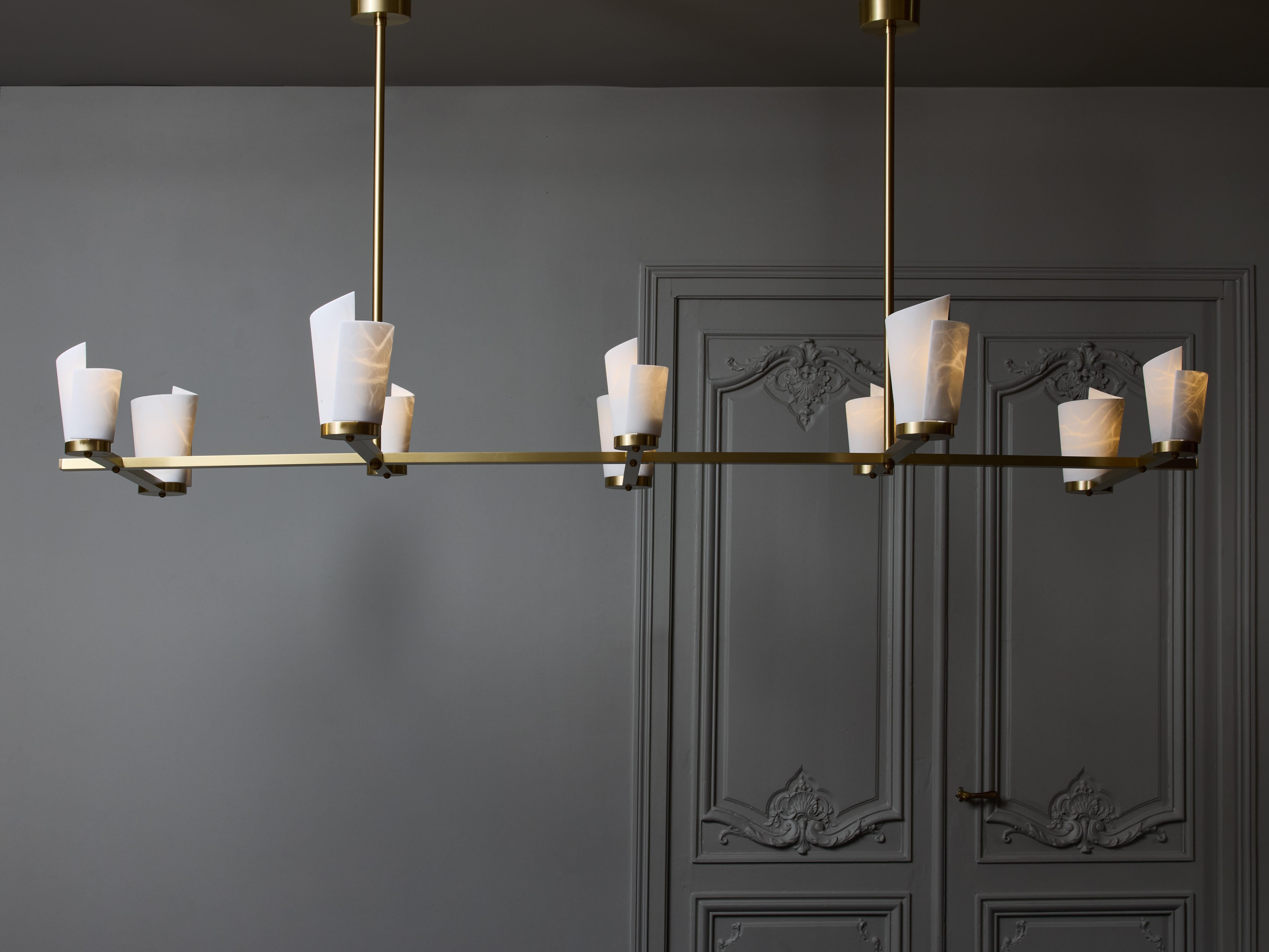 Modern Satinated Brass and Alabaster Spiral Shades Ten Arms of Light Chandelier For Sale