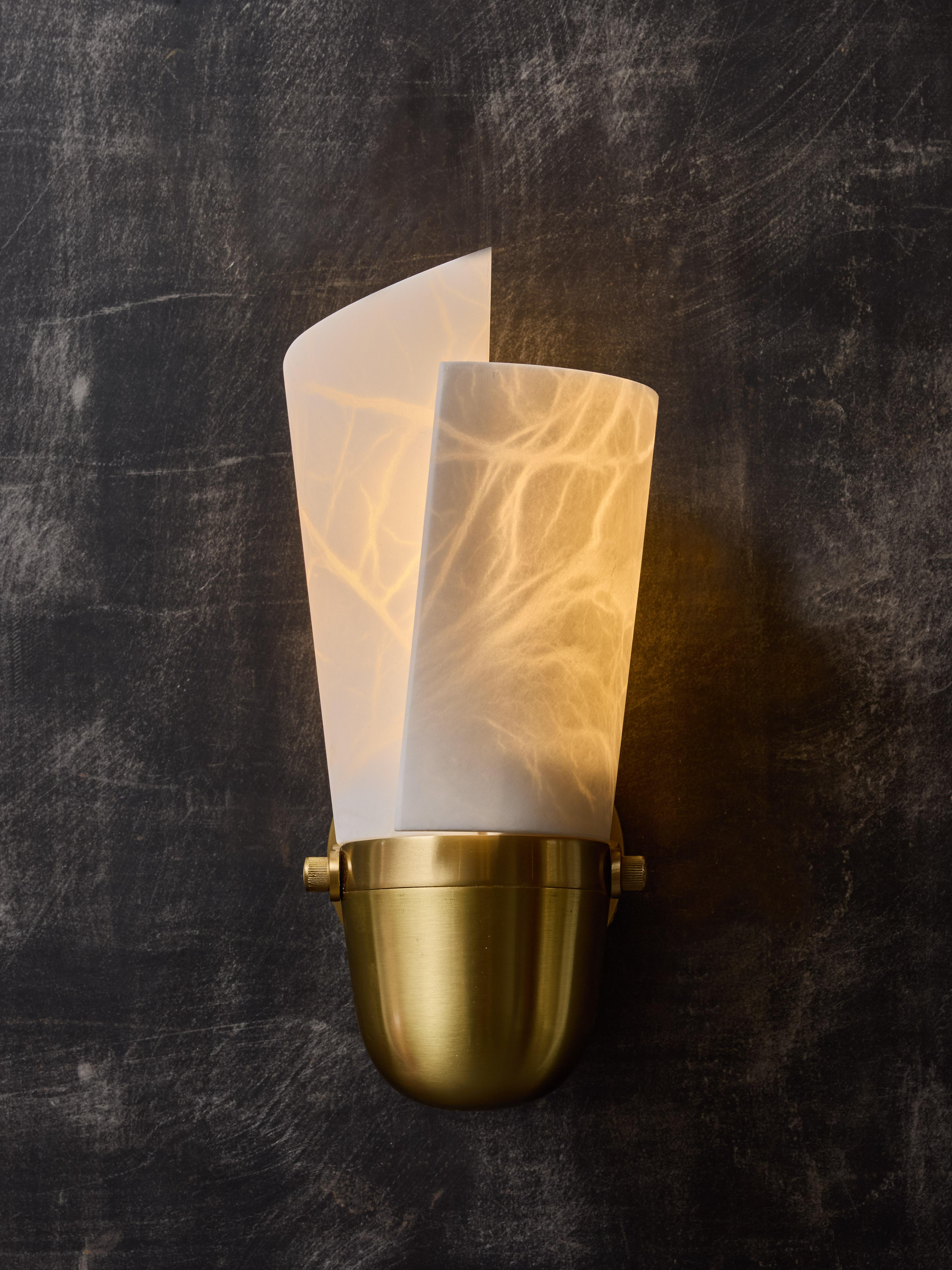 Modern Satinated Brass and Alabaster Spiral Shades Wall Sconces For Sale