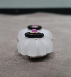 Satinated Carved Quartz Cabs 14K gold Ruby Black Onyx Stud Earrings