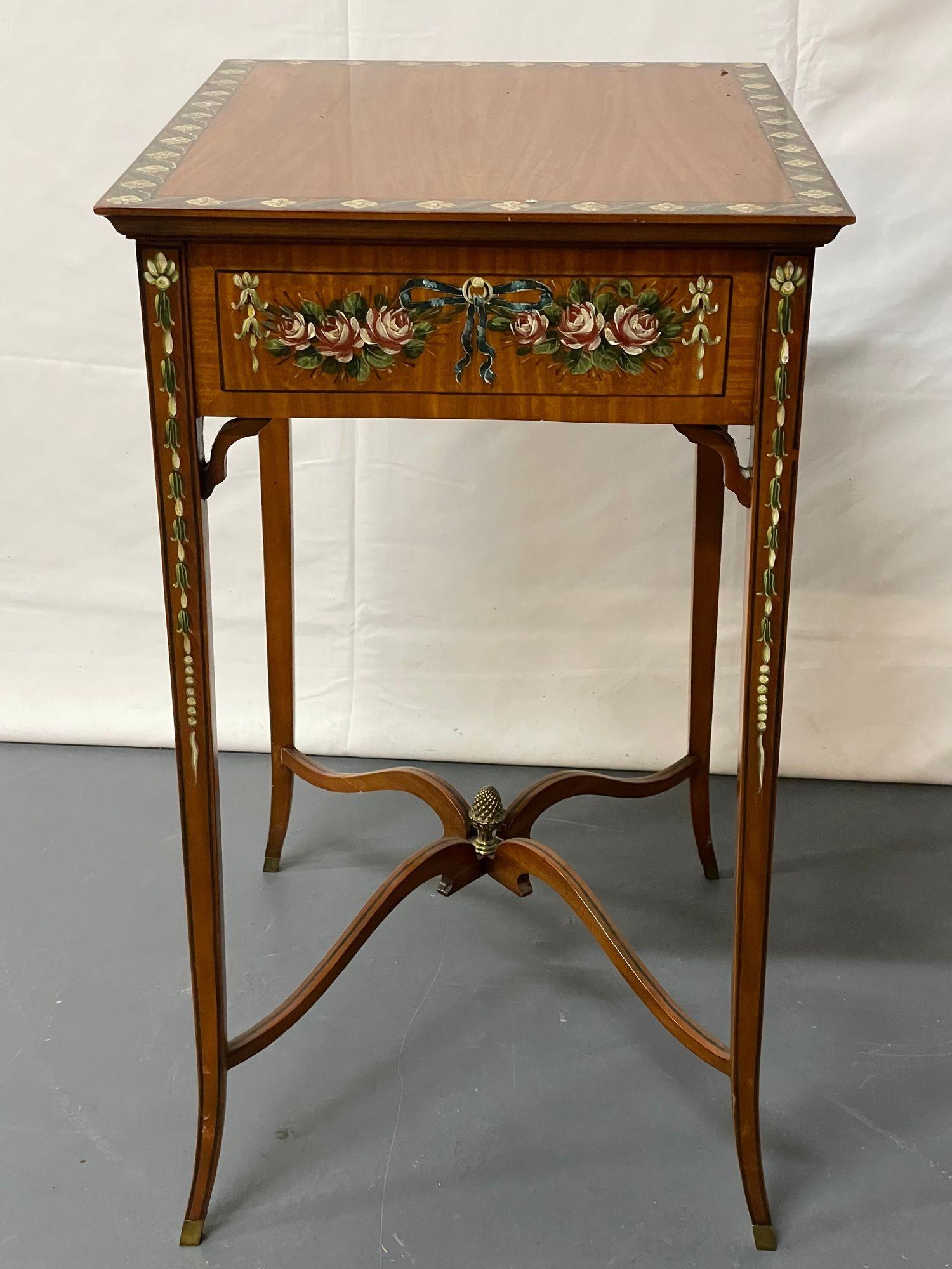 Brass Satinwood Adams Style Inlaid End / Side / Bedside Table, Maitland Smith