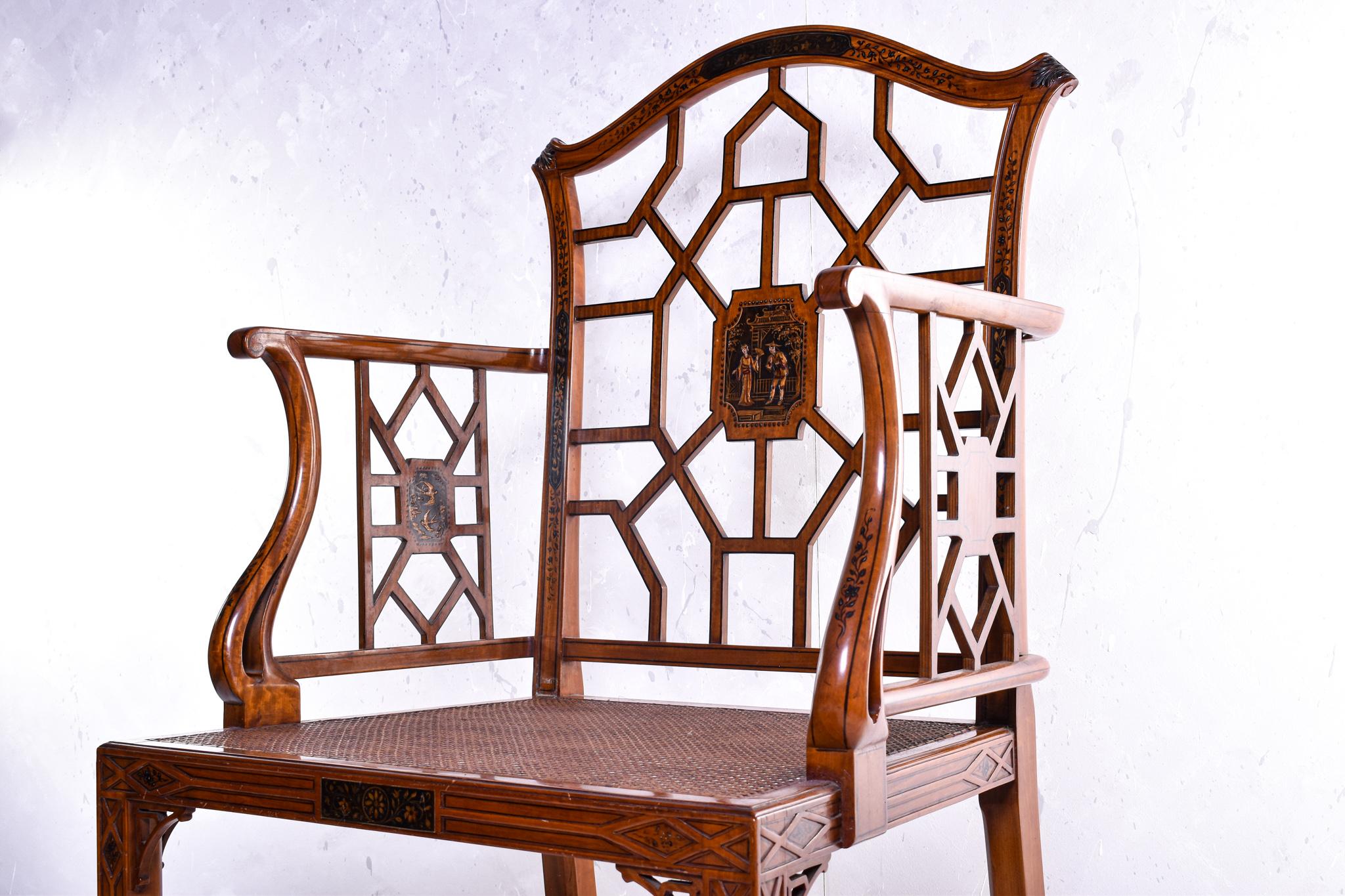 Satinwood and Japanned Chinese Chippendale Style Armchair In Good Condition In Darlington, GB