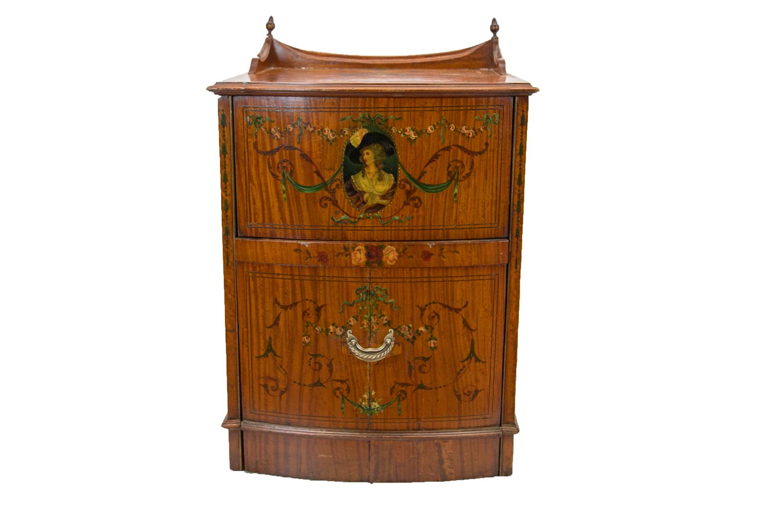 Satinwood Bow Front Painted Commode For Sale 4