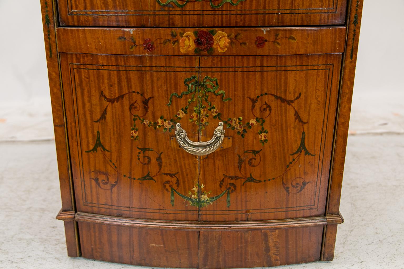 Hand-Painted Satinwood Bow Front Painted Commode For Sale