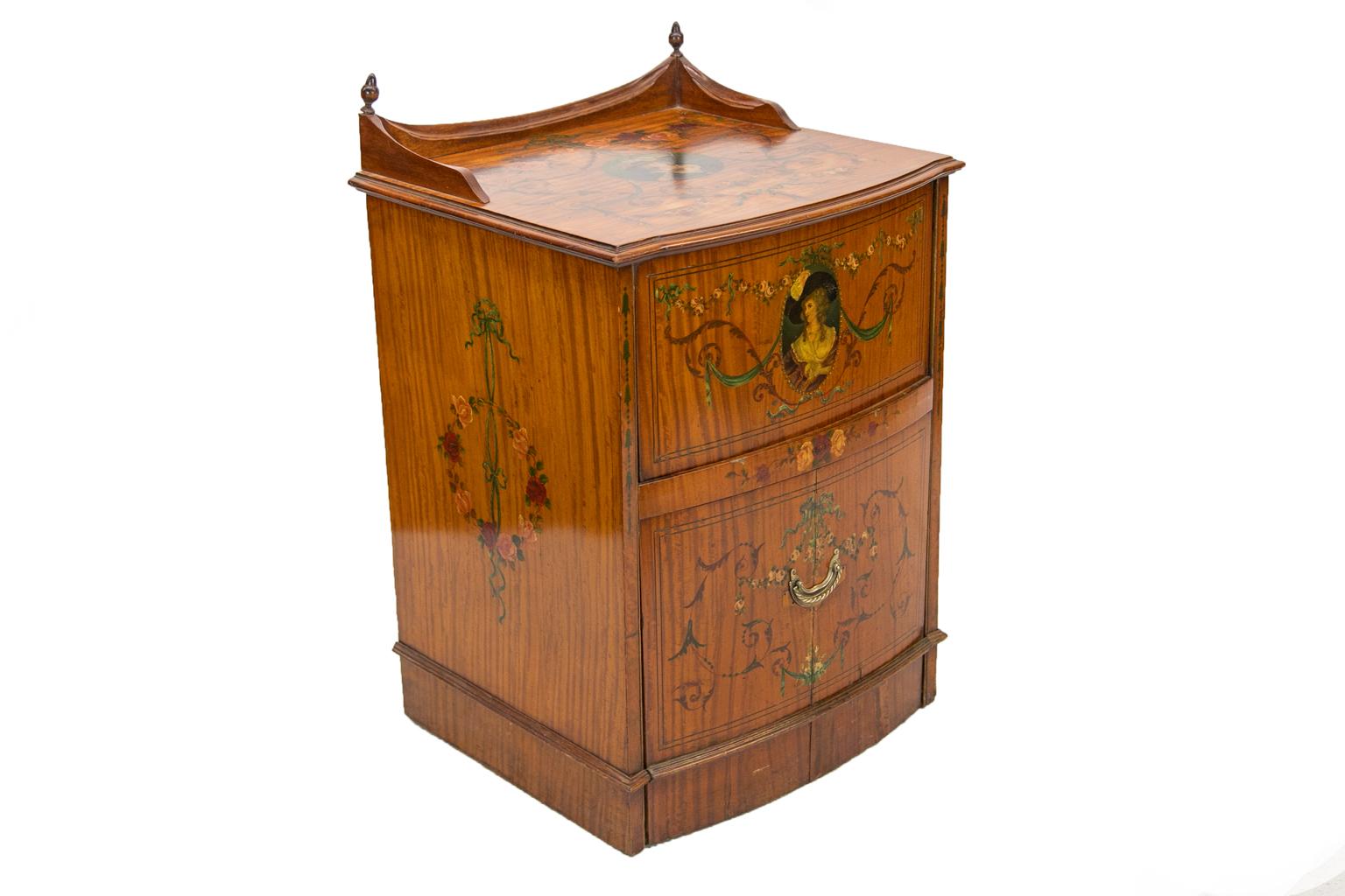 Satinwood Bow Front Painted Commode For Sale 3