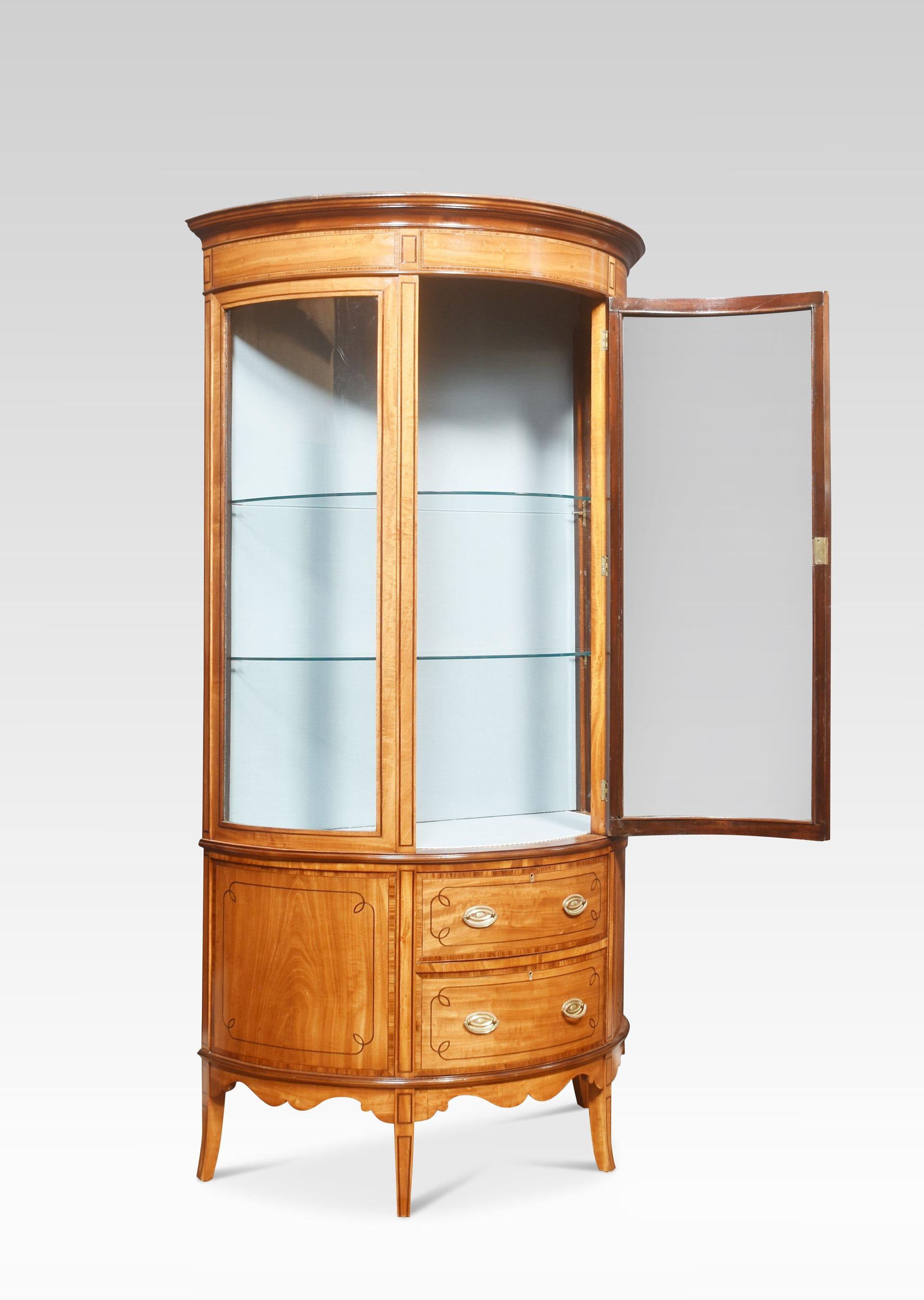 20th Century Satinwood Bowed Display Cabinet For Sale