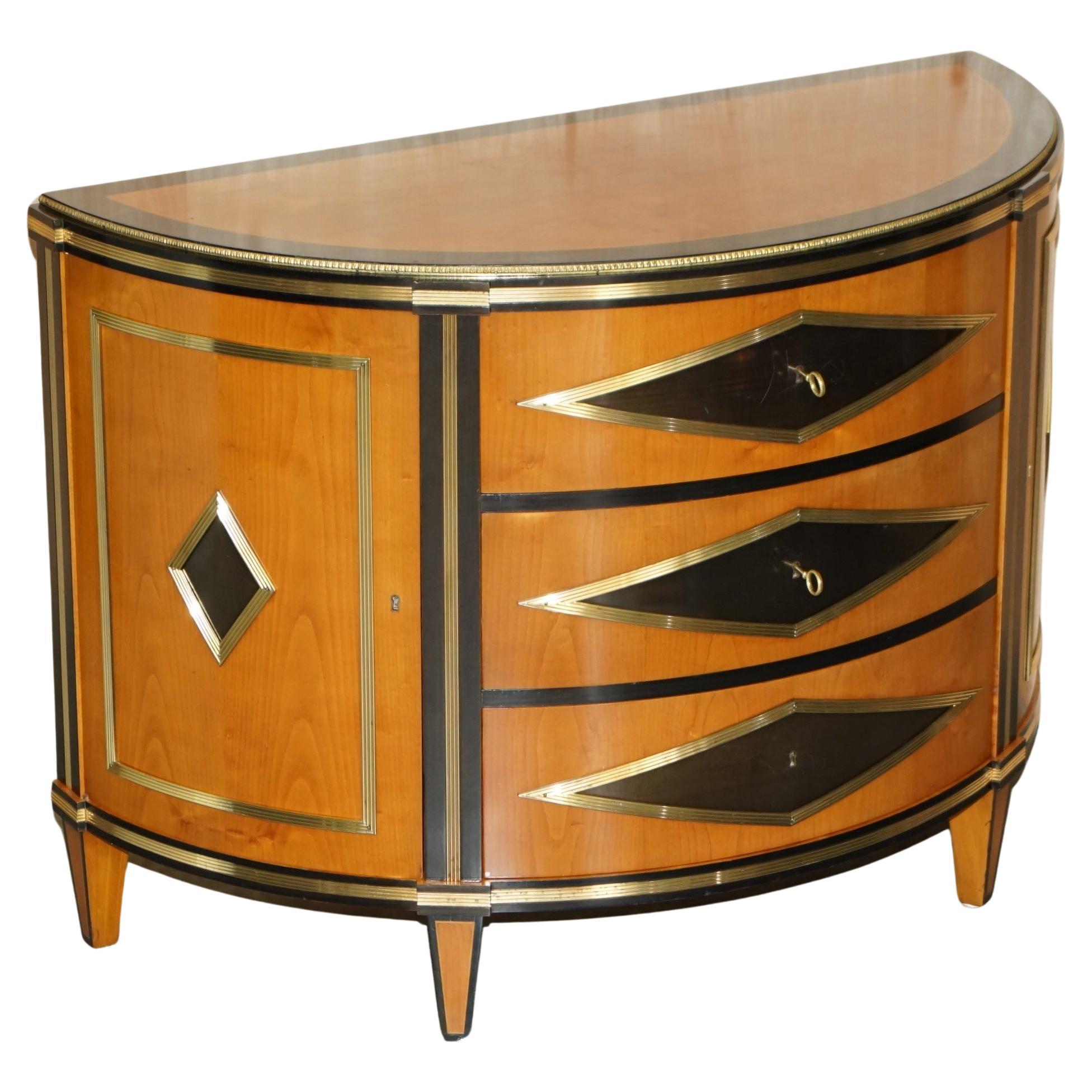 SATINWOOD & BRASS COLOMBO MOBILI ITALY DEMI LUNE SiDEBOARD CHEST OF DRAWERS For Sale