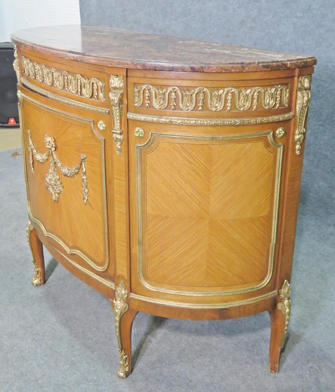 Early 20th Century Satinwood Bronze Mounted French Louis XV Marble Top Commode, Circa 1920 For Sale