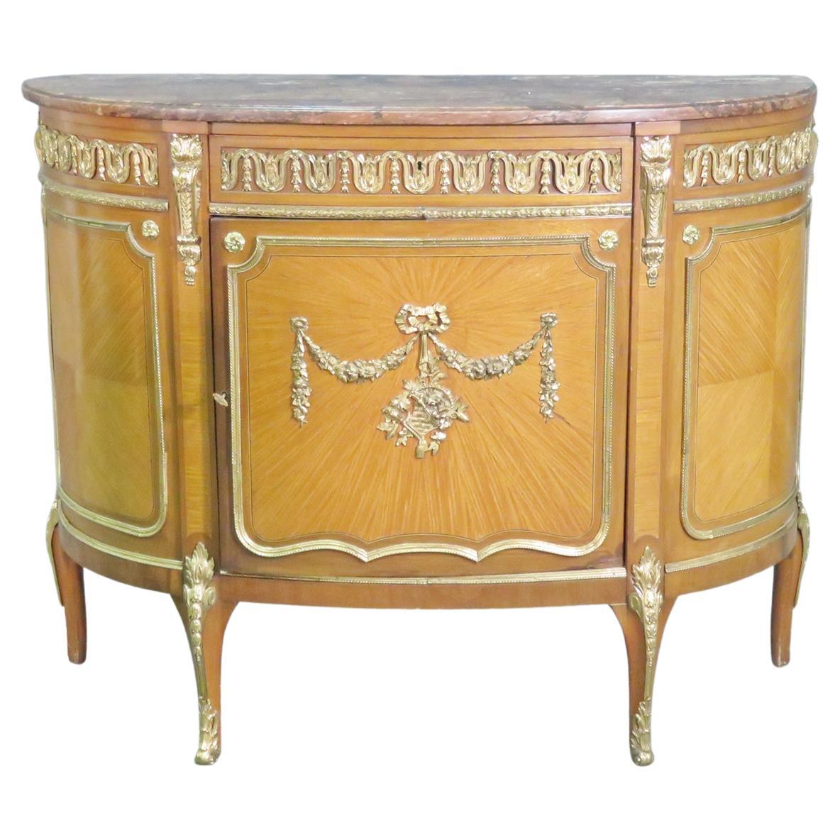 Satinwood Bronze Mounted French Louis XV Marble Top Commode, Circa 1920 For Sale