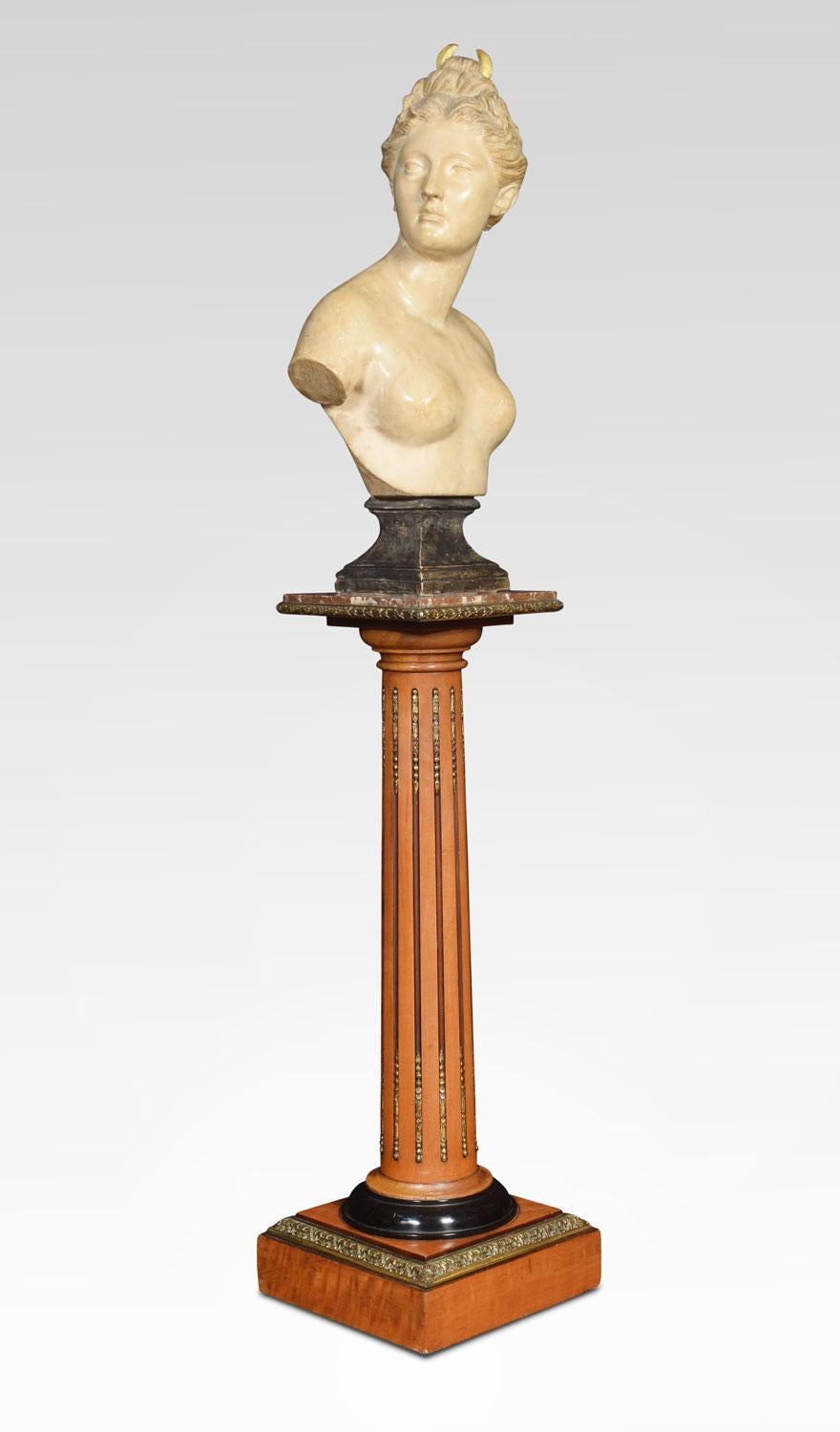 Satinwood gilt metal mounted torchiere stand. Having square rouge marble top on a fluted turned column and square plinth base.
Dimensions:
Height 39.5 inches
Width 14 inches
Depth 14 inches
