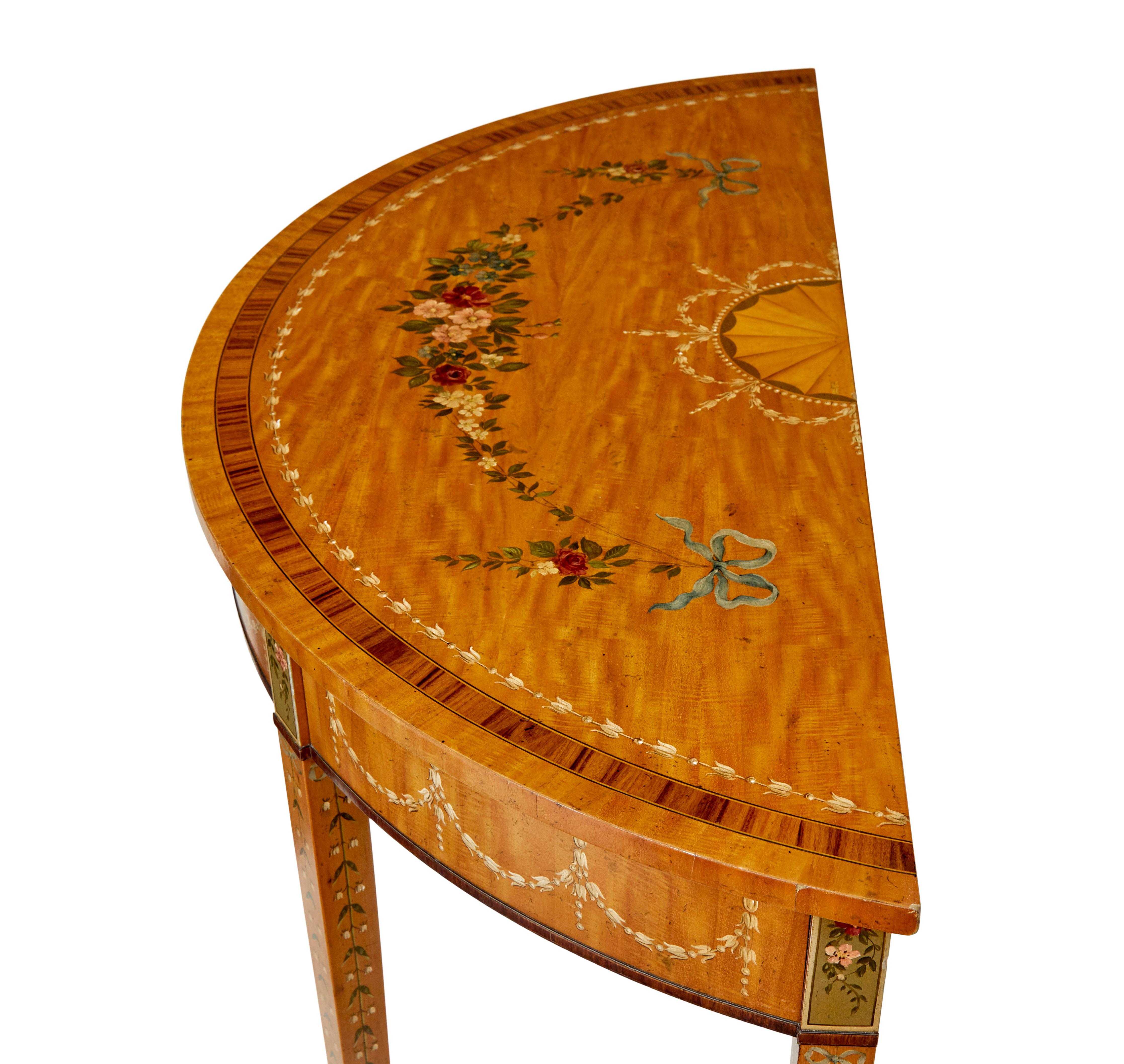 Adam Style Satinwood hand painted demi lune table in the Adams style For Sale