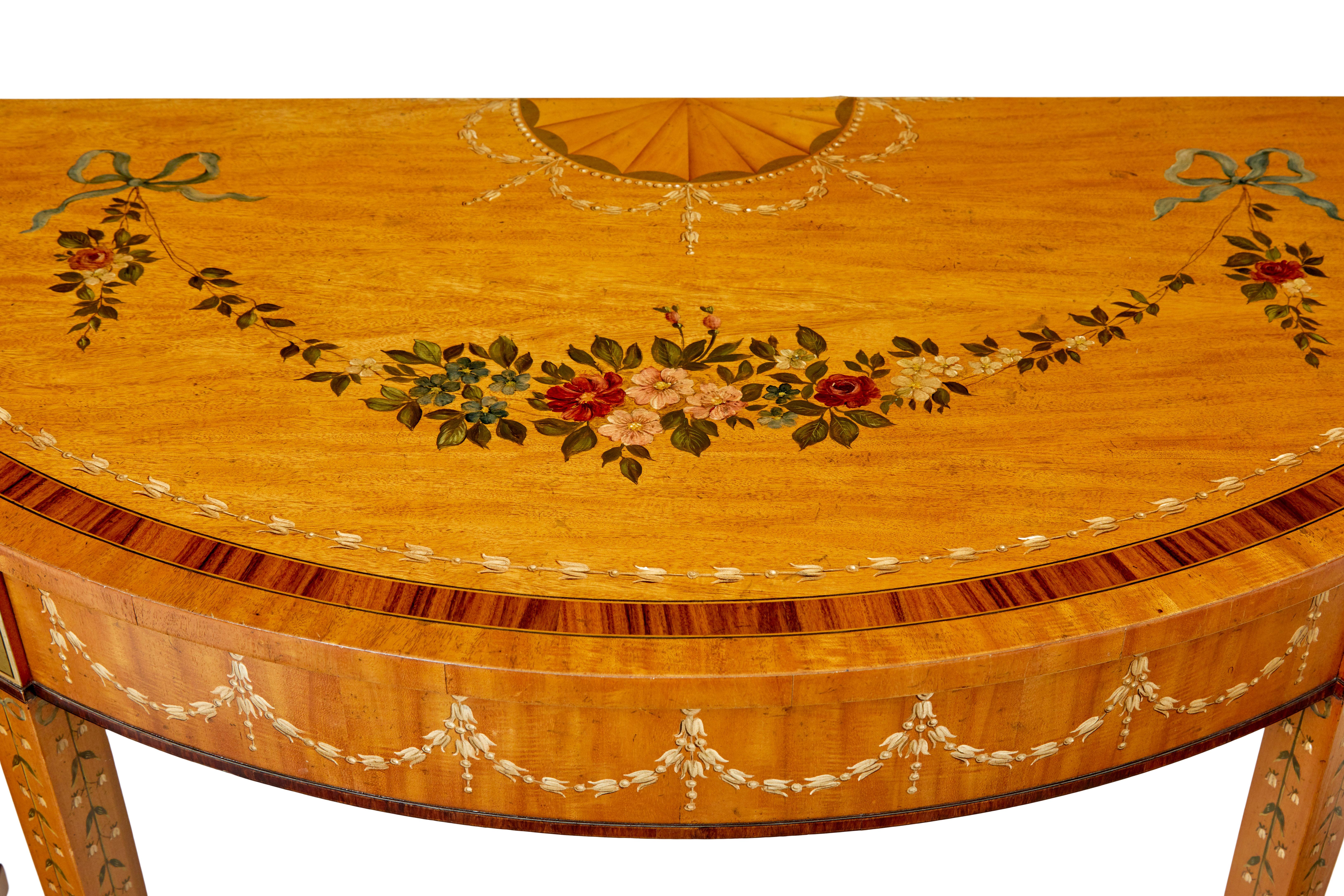 English Satinwood hand painted demi lune table in the Adams style For Sale