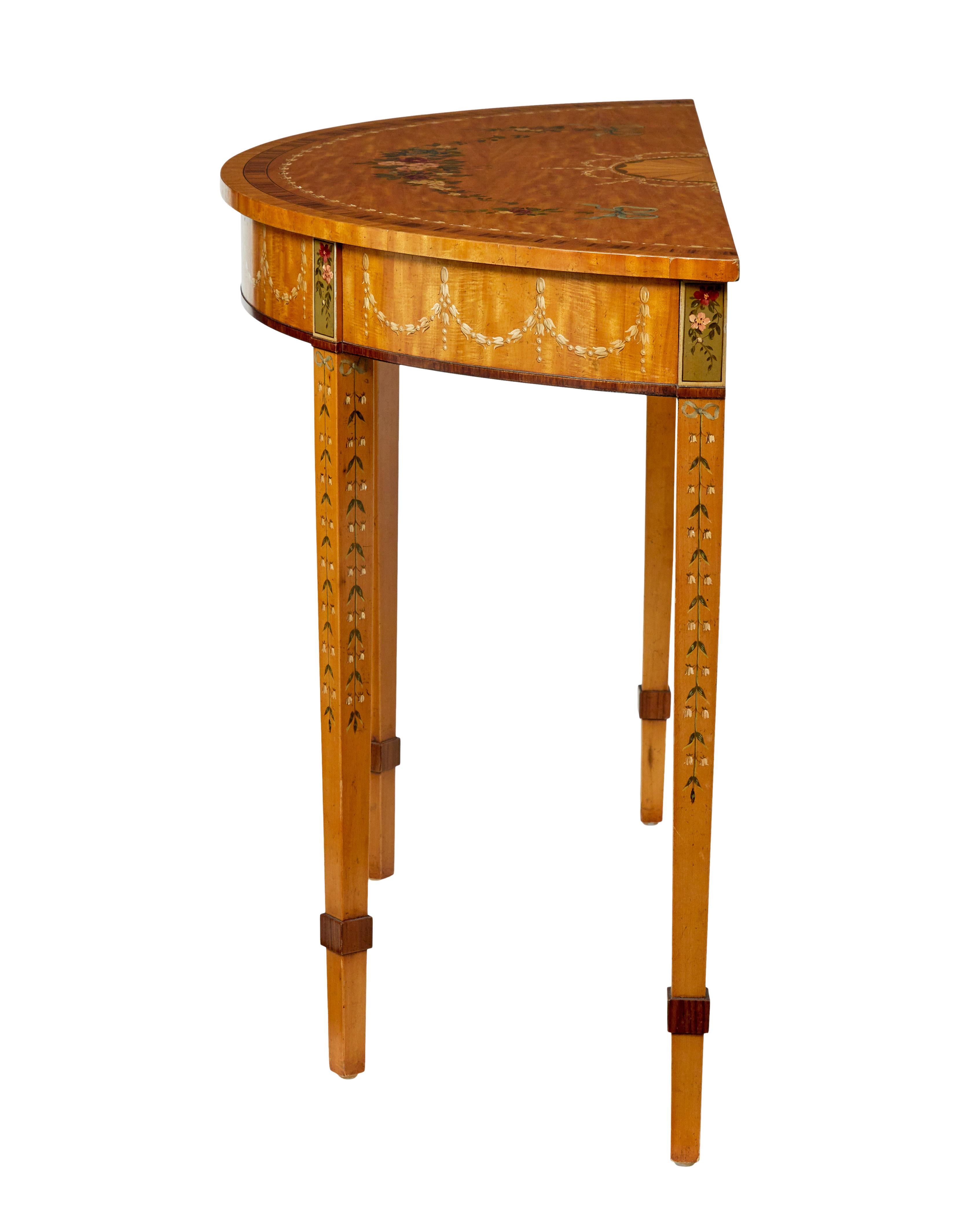 Satinwood hand painted demi lune table in the Adams style In Good Condition For Sale In Debenham, Suffolk