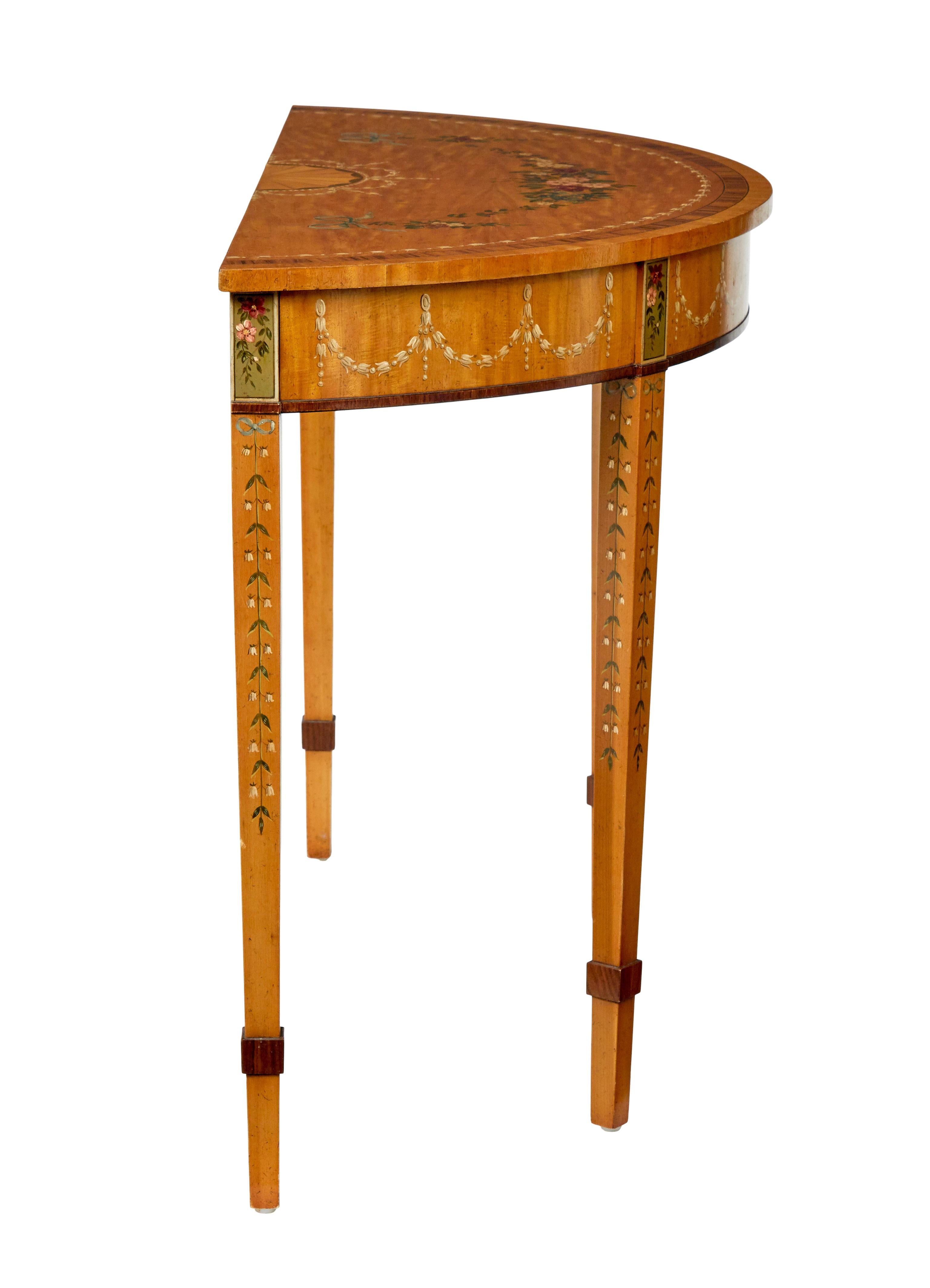 20th Century Satinwood hand painted demi lune table in the Adams style For Sale