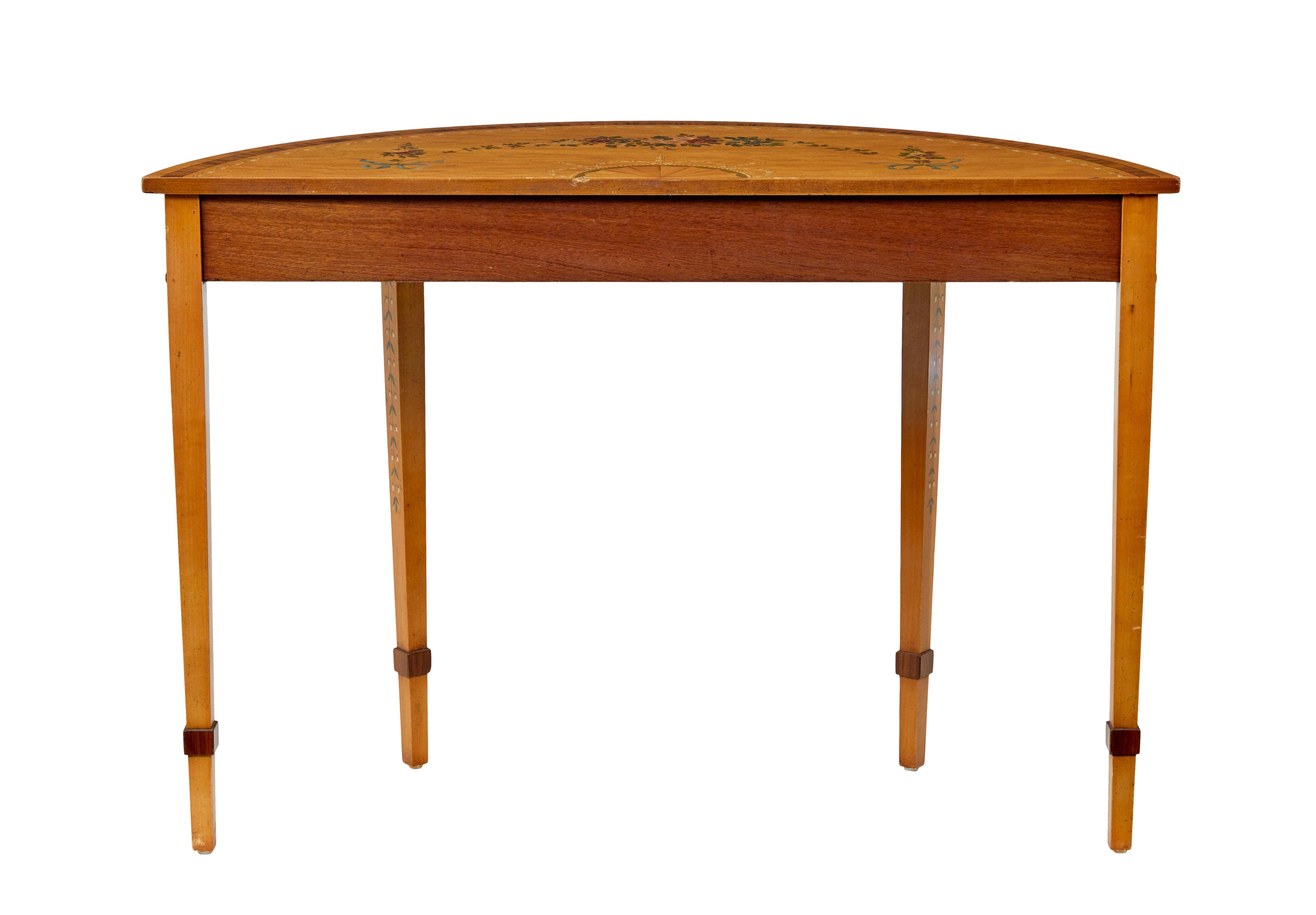 Satinwood hand painted demi lune table in the Adams style For Sale 1