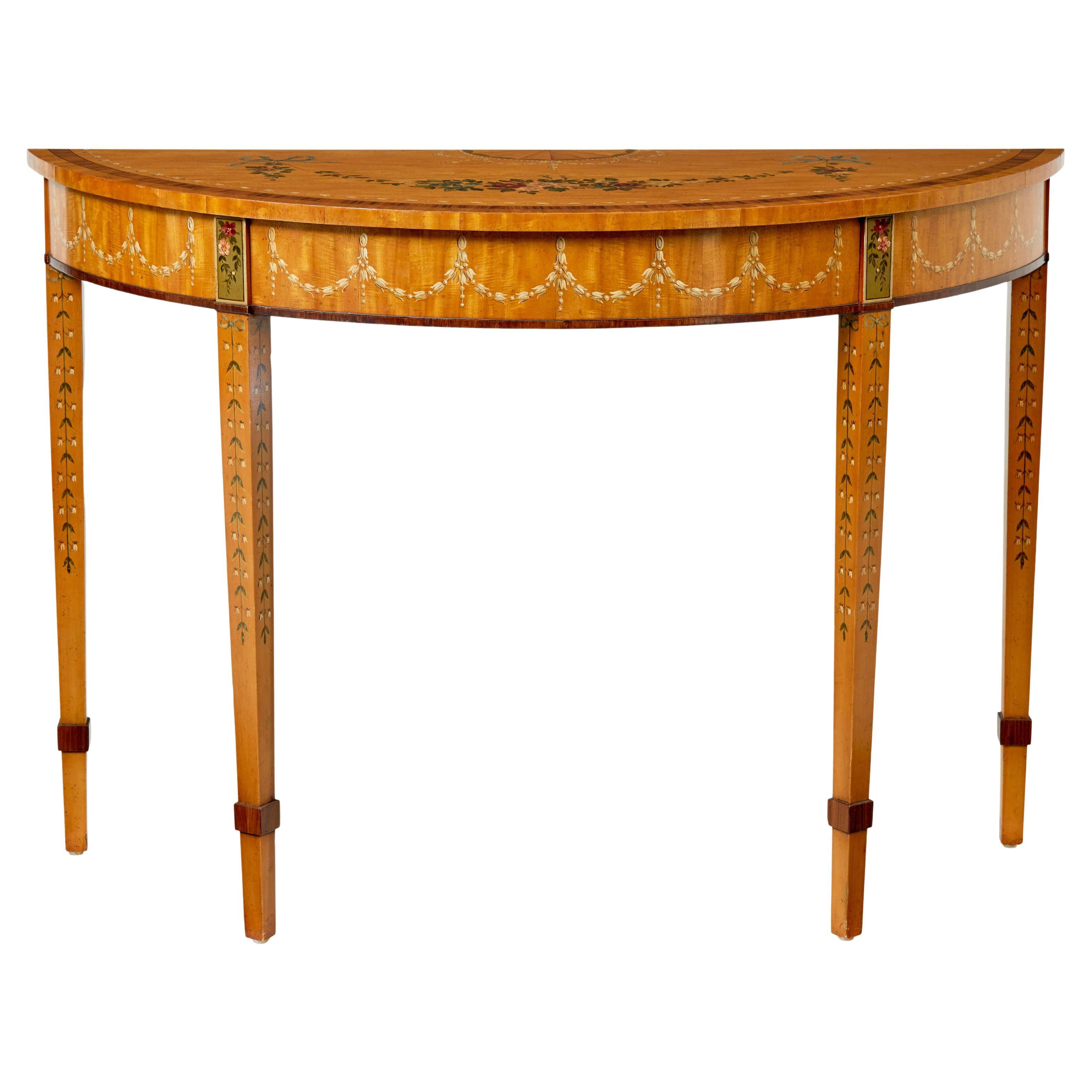 Satinwood hand painted demi lune table in the Adams style For Sale