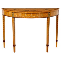 Satinwood hand painted demi lune table in the Adams style