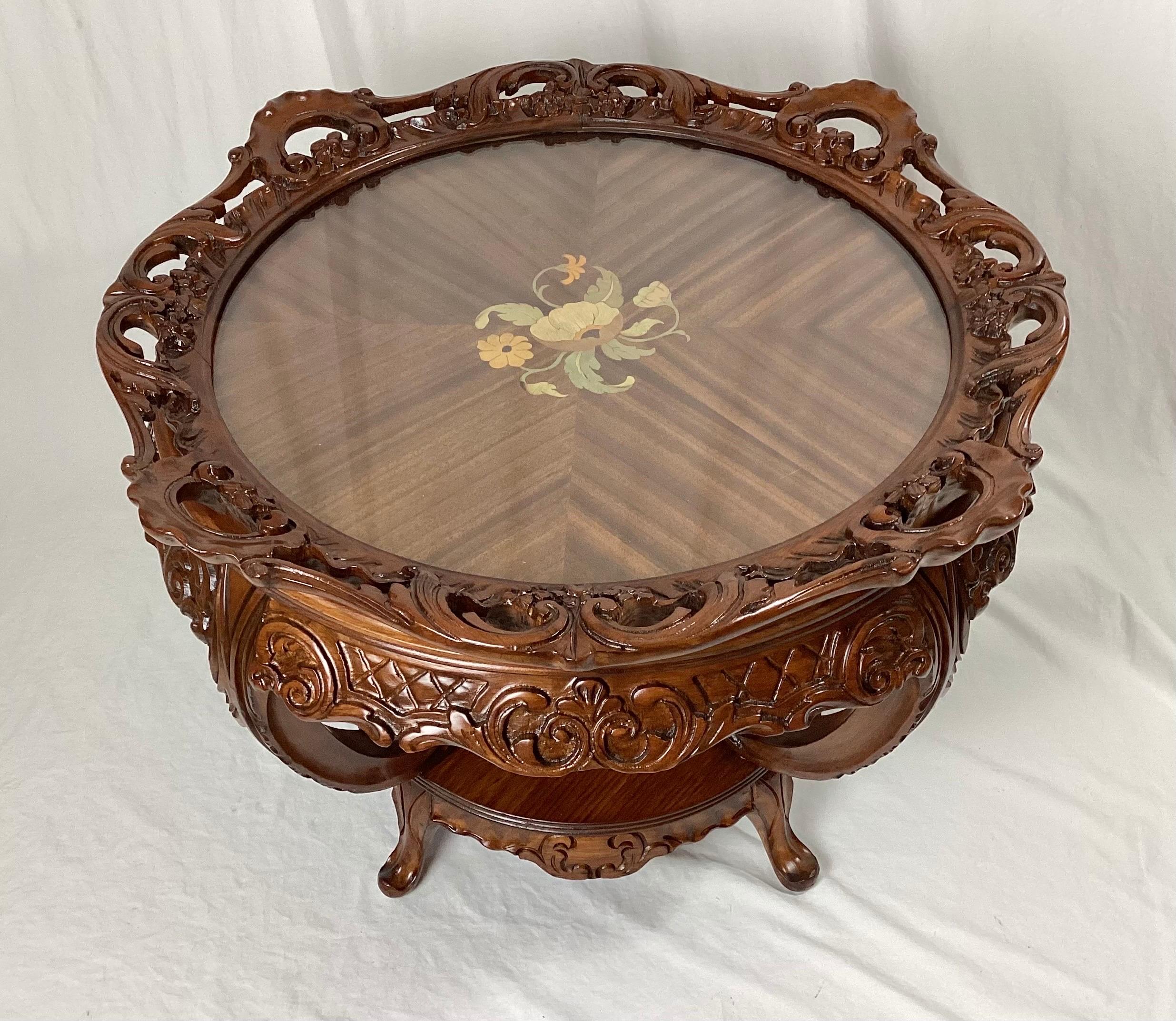 Satinwood inlaid coffee table with lazy Susan tray table. 27 1/2