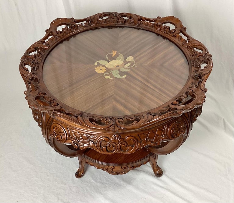 Satinwood Inlaid Coffee Table with Lazy Susan Tray Table For Sale at
