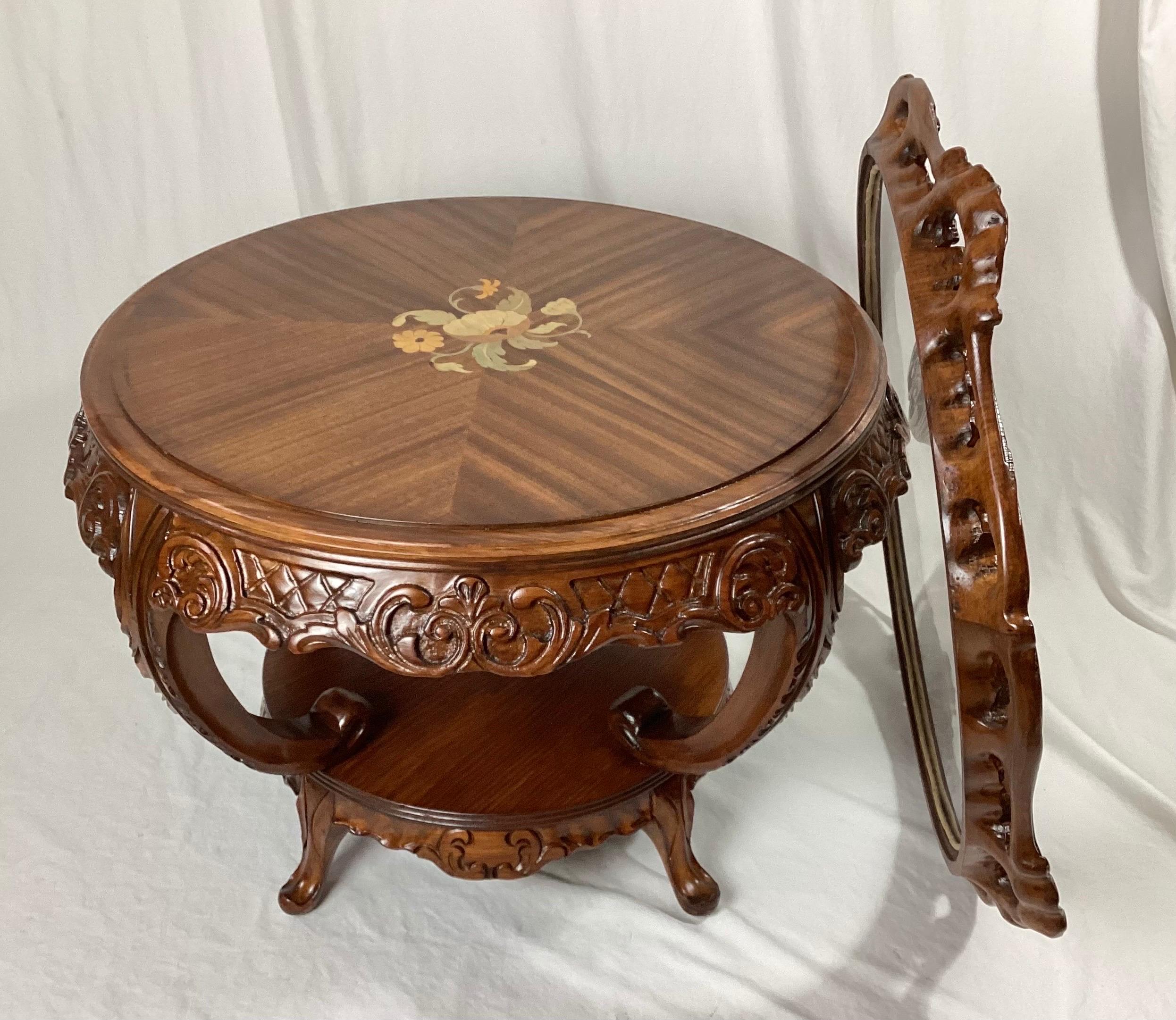 Satinwood Inlaid Coffee Table with Lazy Susan Tray Table In Excellent Condition For Sale In Lambertville, NJ