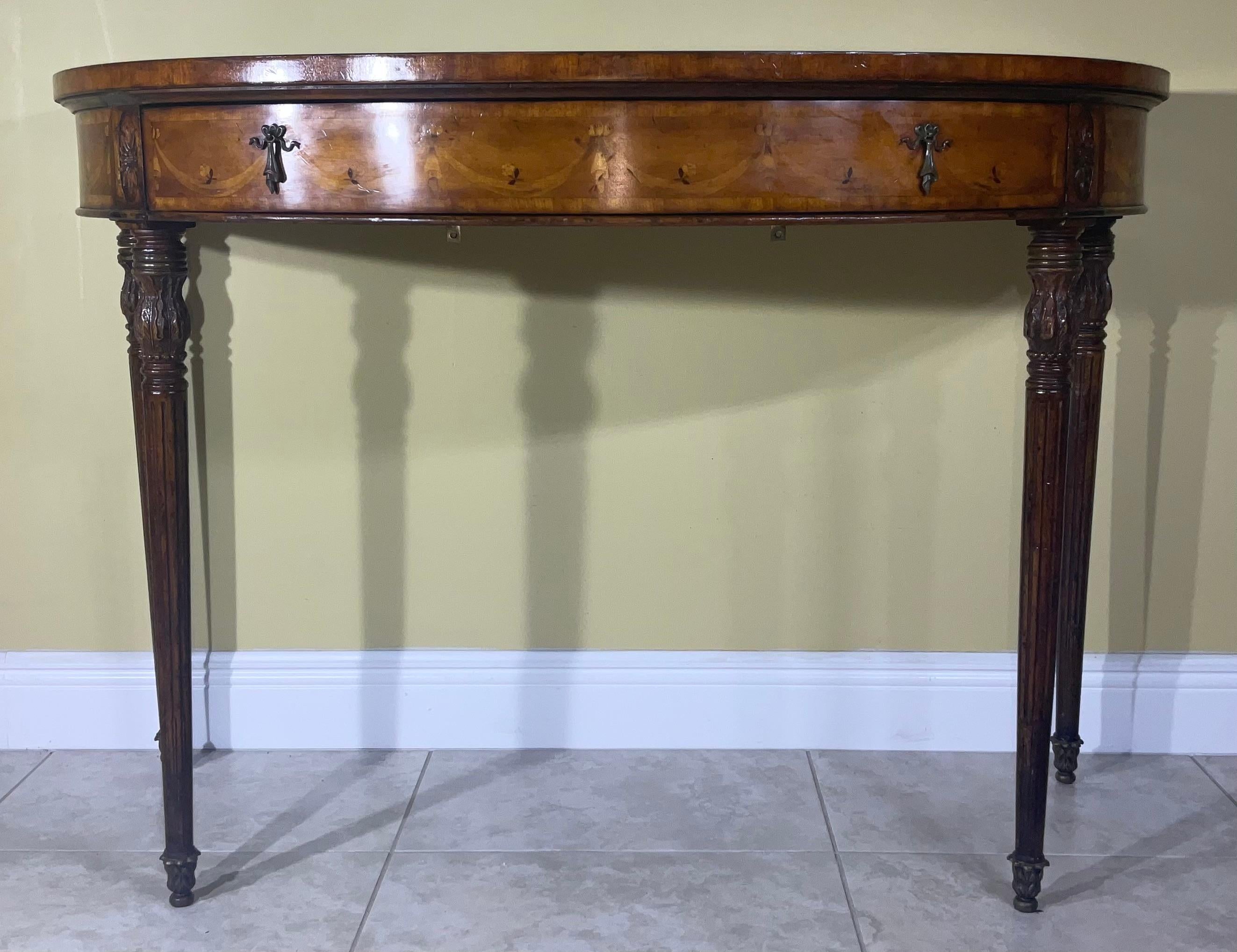 European Satinwood Inlaid Demilune Pier Table  For Sale
