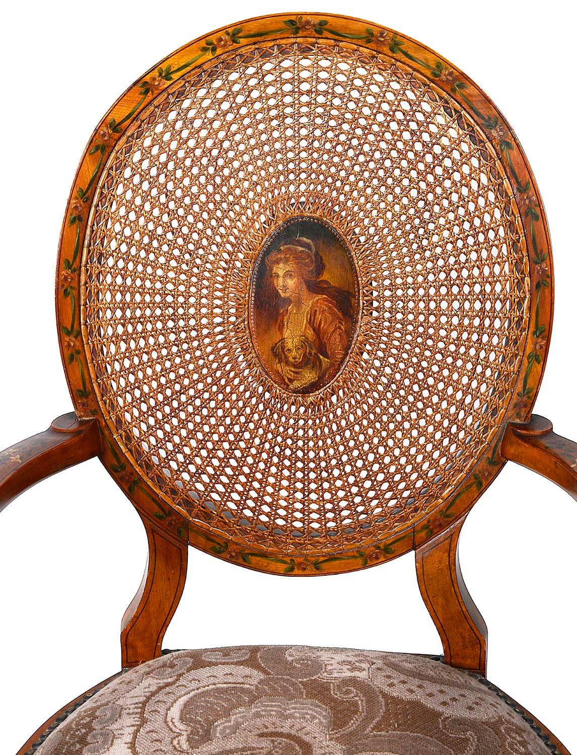 English Satinwood Sheraton revival arm chair, circa 1900 For Sale