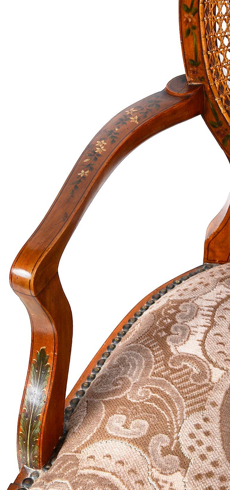 Hand-Painted Satinwood Sheraton revival arm chair, circa 1900 For Sale