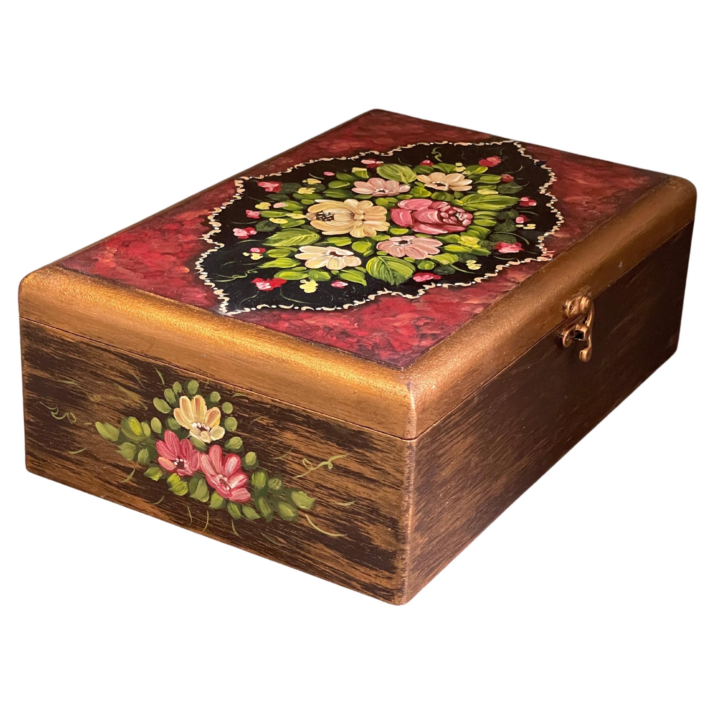 Vintage Tea Caddy Box Conch Shell Art & Craft Flower Chicken Hand Painting  For Sale