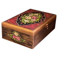 Satinwood Tea Caddy Box Conch Shell Oriental Flower and chicken Hand Painting 