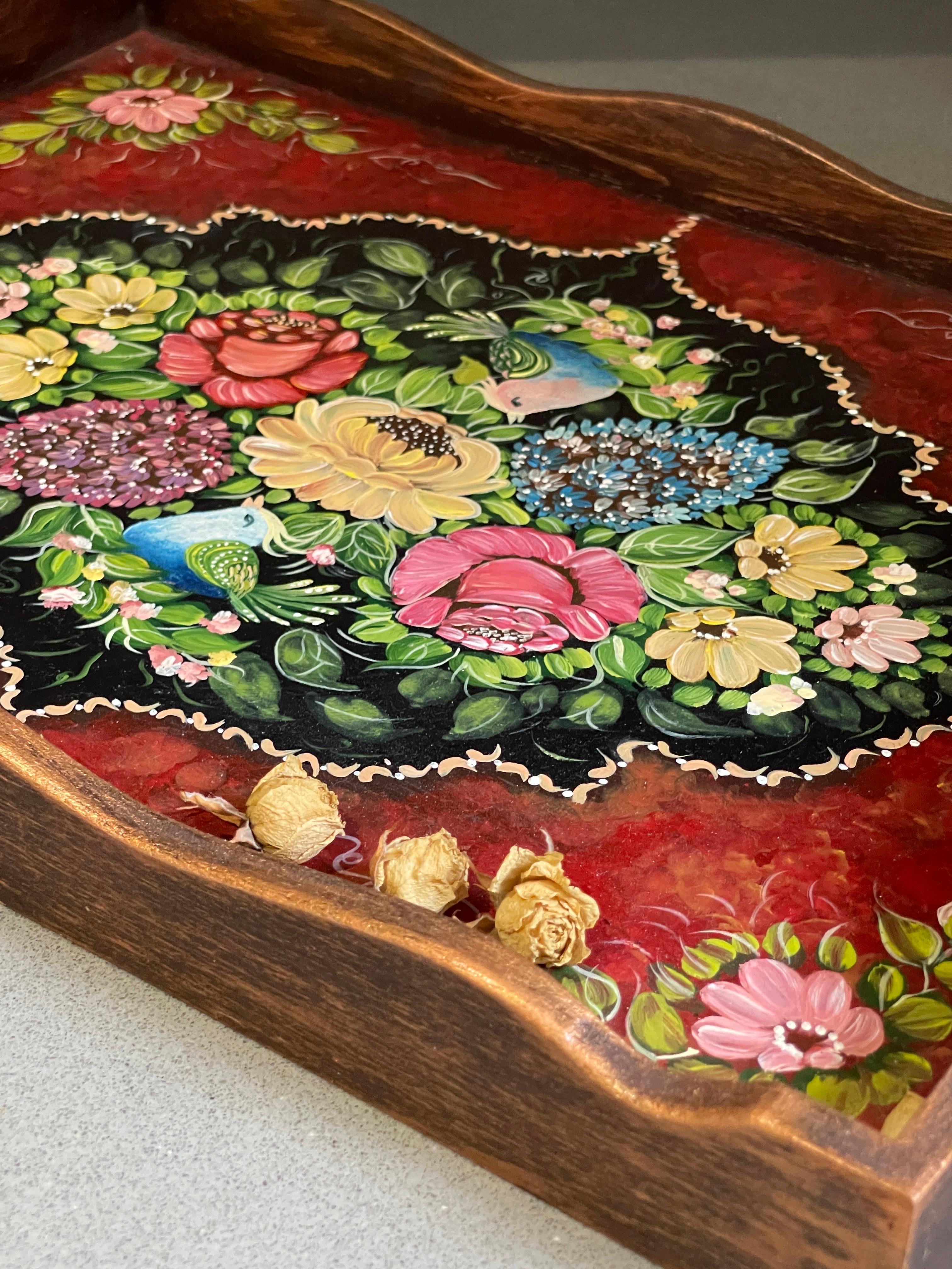 Turkish Vintage Tea Tray Oriental Flower and chicken Hand Painting Wooden Serving Tray For Sale