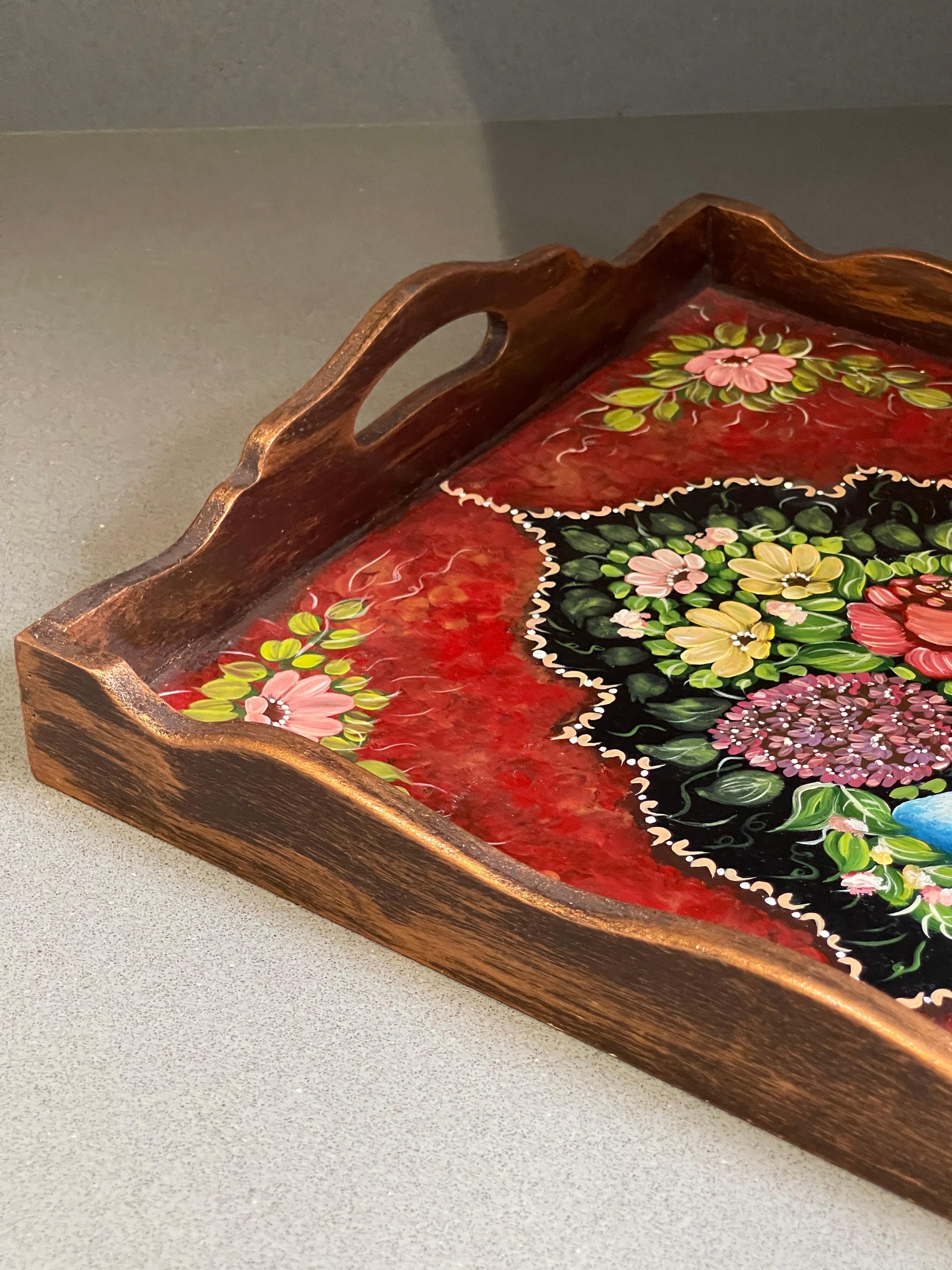 Brushed Vintage Tea Tray Oriental Flower and chicken Hand Painting Wooden Serving Tray For Sale