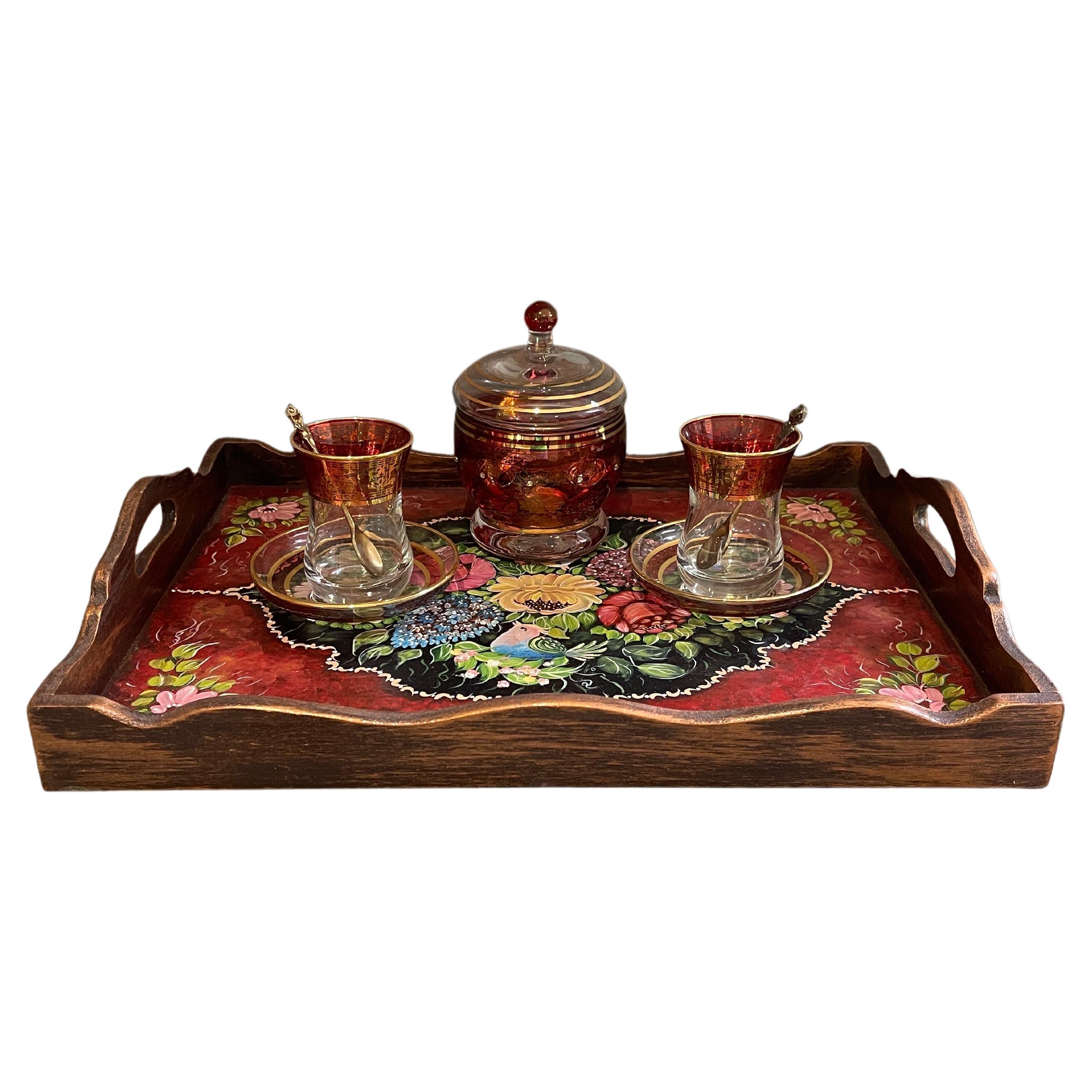 Satinwood Tea Tray Oriental Flower and Chicken Hand Painting Serving Tray with Handle.
Decorative objects for your home decor.
Impressive Flame Brown Mahogany Double Tea Tray of Outstanding Quality, Workmanship, and Compact Size. Circa
