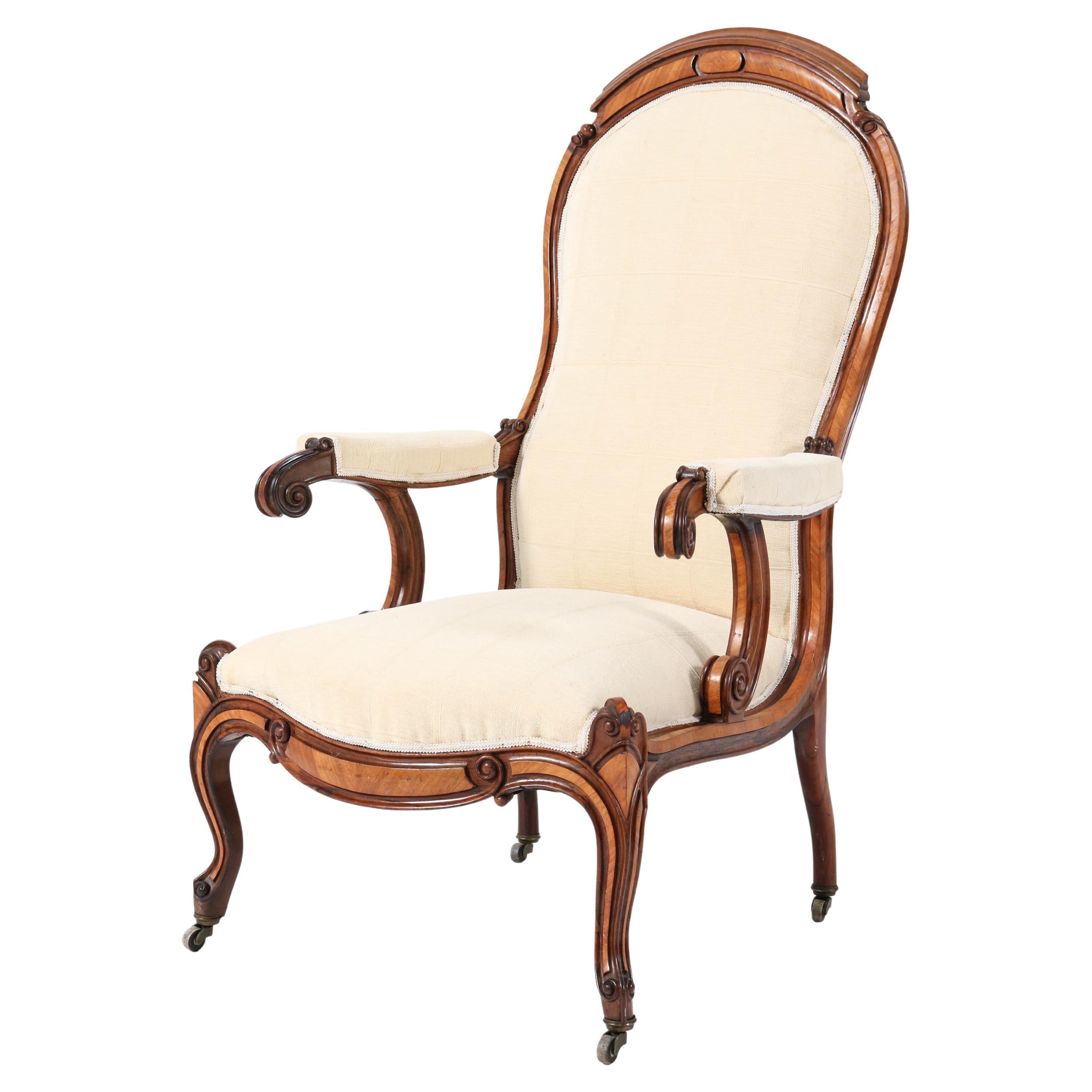 Fauteuil ou fauteuil voltaire victorien à haut dossier en bois de citronnier, années 1860