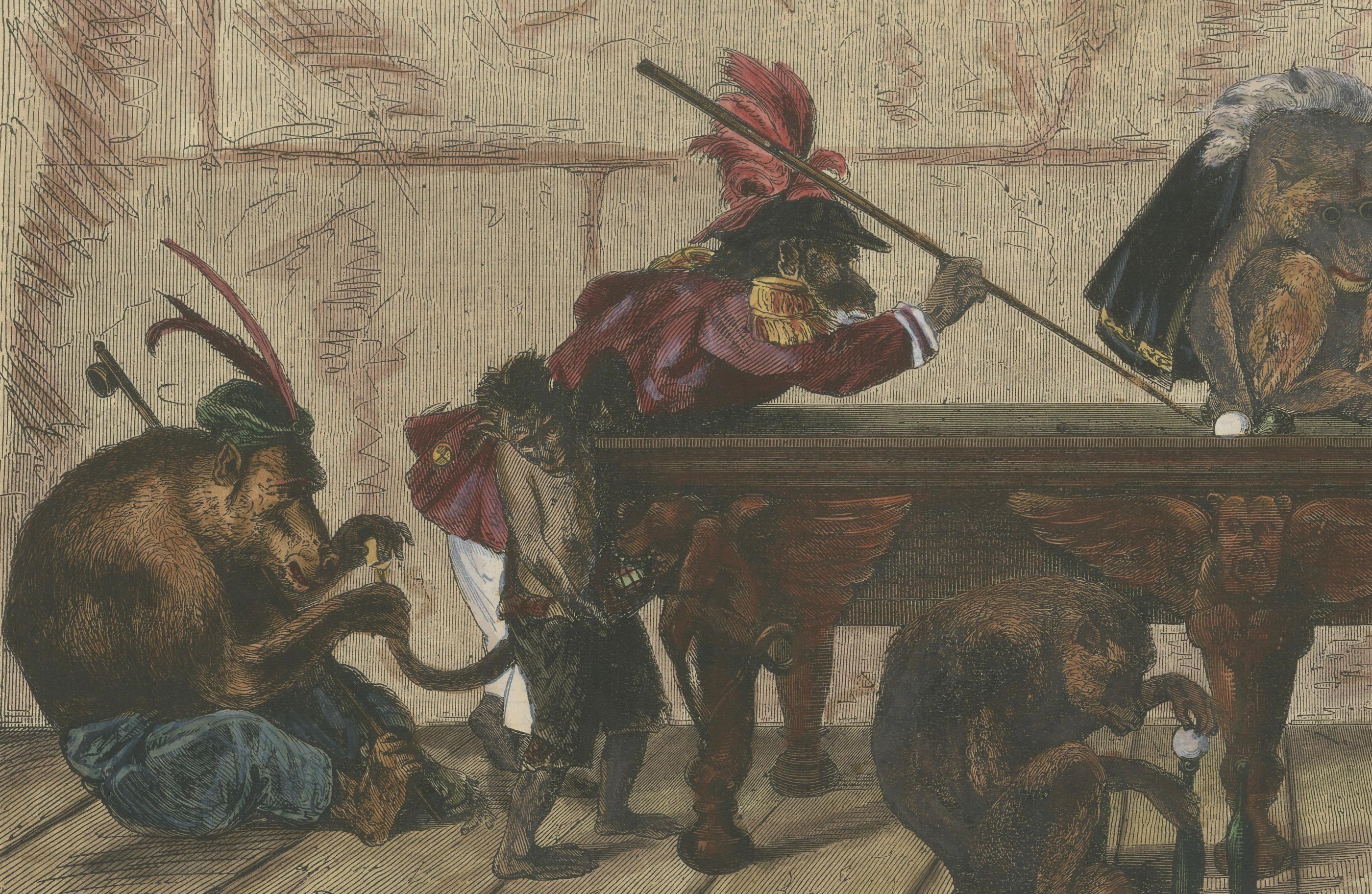 Titel: Affen beim Billard -  Veröffentlicht in *The Days' Doings*, 17. Juni 1871.  Nach einer Zeichnung von Paul Meyerheim.

Dieser skurrile und satirische handkolorierte Stich mit dem Titel Monkeys at Billiards wurde am 17. Juni 1871 in The Days'