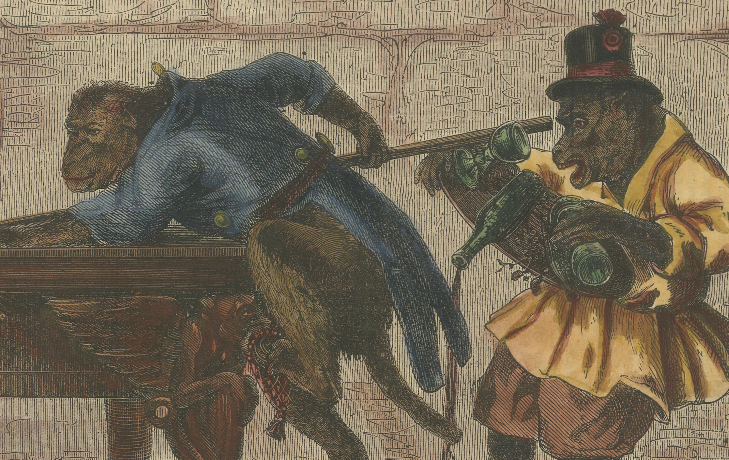 Satirische handkolorierte Gravur von Affen auf Billiards, 1871 (Spätes 19. Jahrhundert) im Angebot