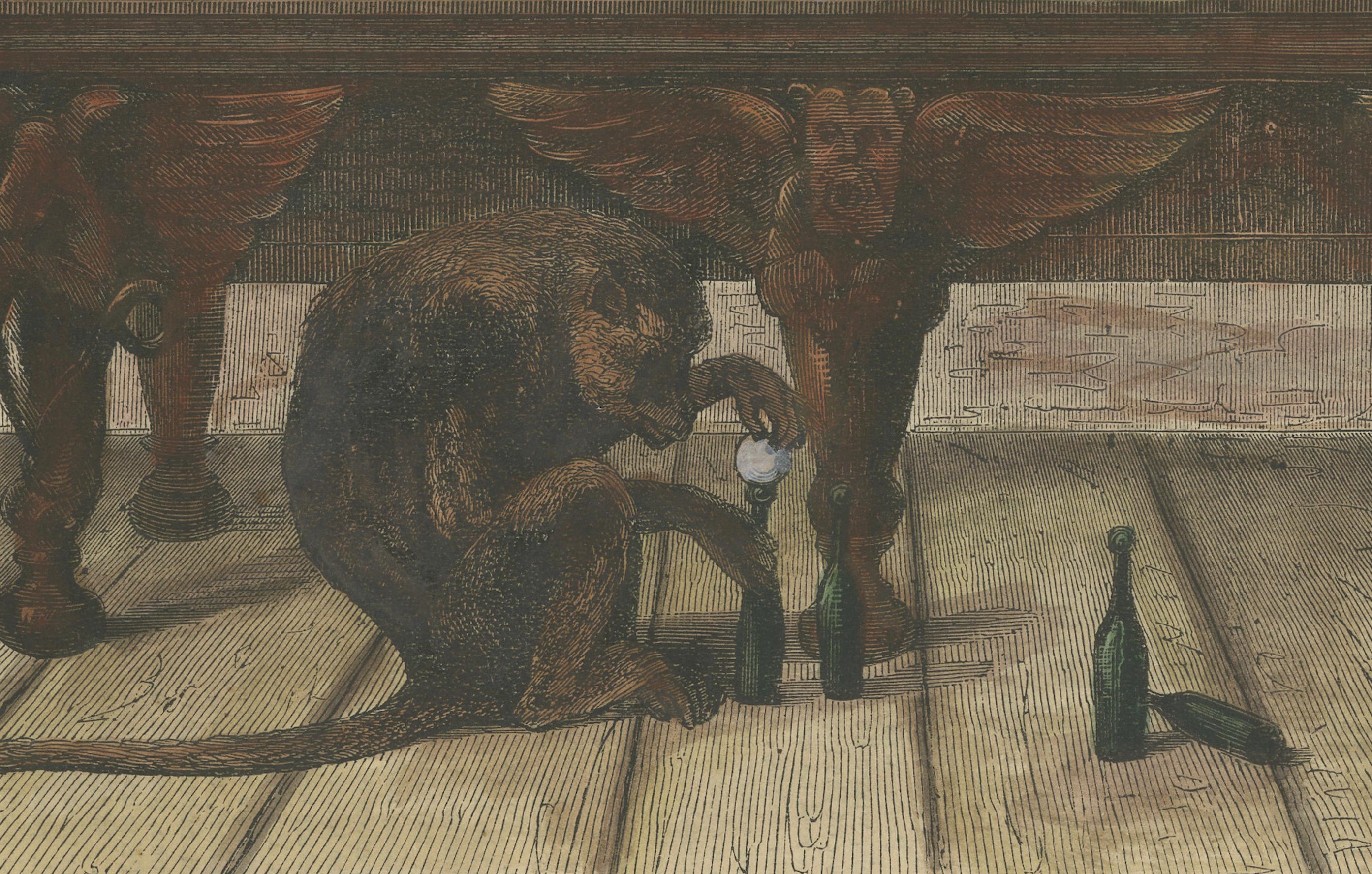 Satirische handkolorierte Gravur von Affen auf Billiards, 1871 (Papier) im Angebot