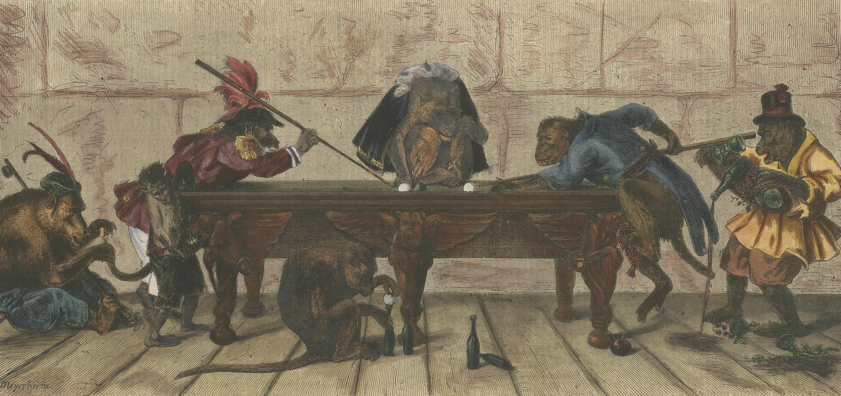 Satirische handkolorierte Gravur von Affen auf Billiards, 1871 im Angebot 1