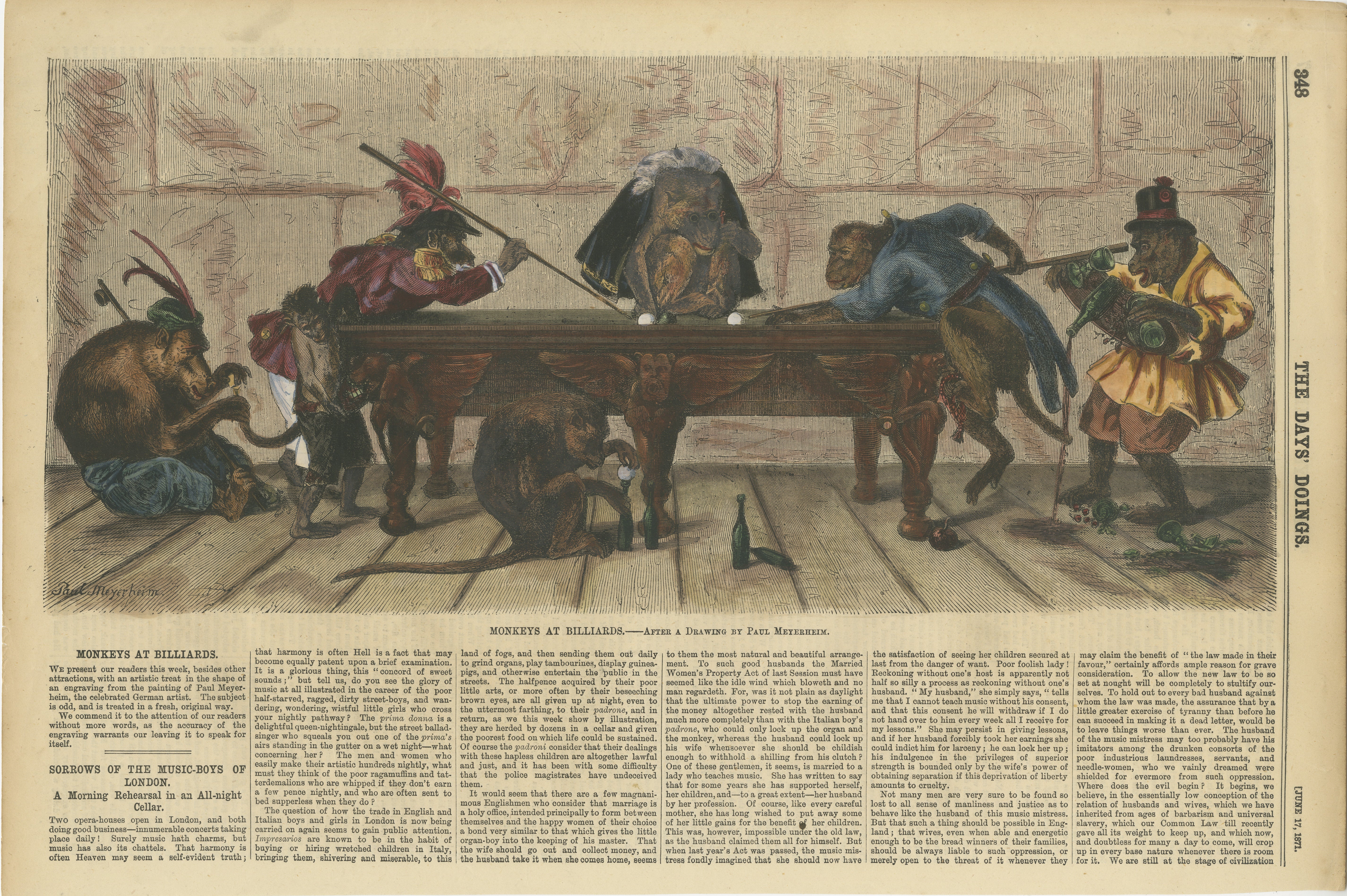 Satirical Hand-colored Engraving of Monkeys at Billiards, 1871